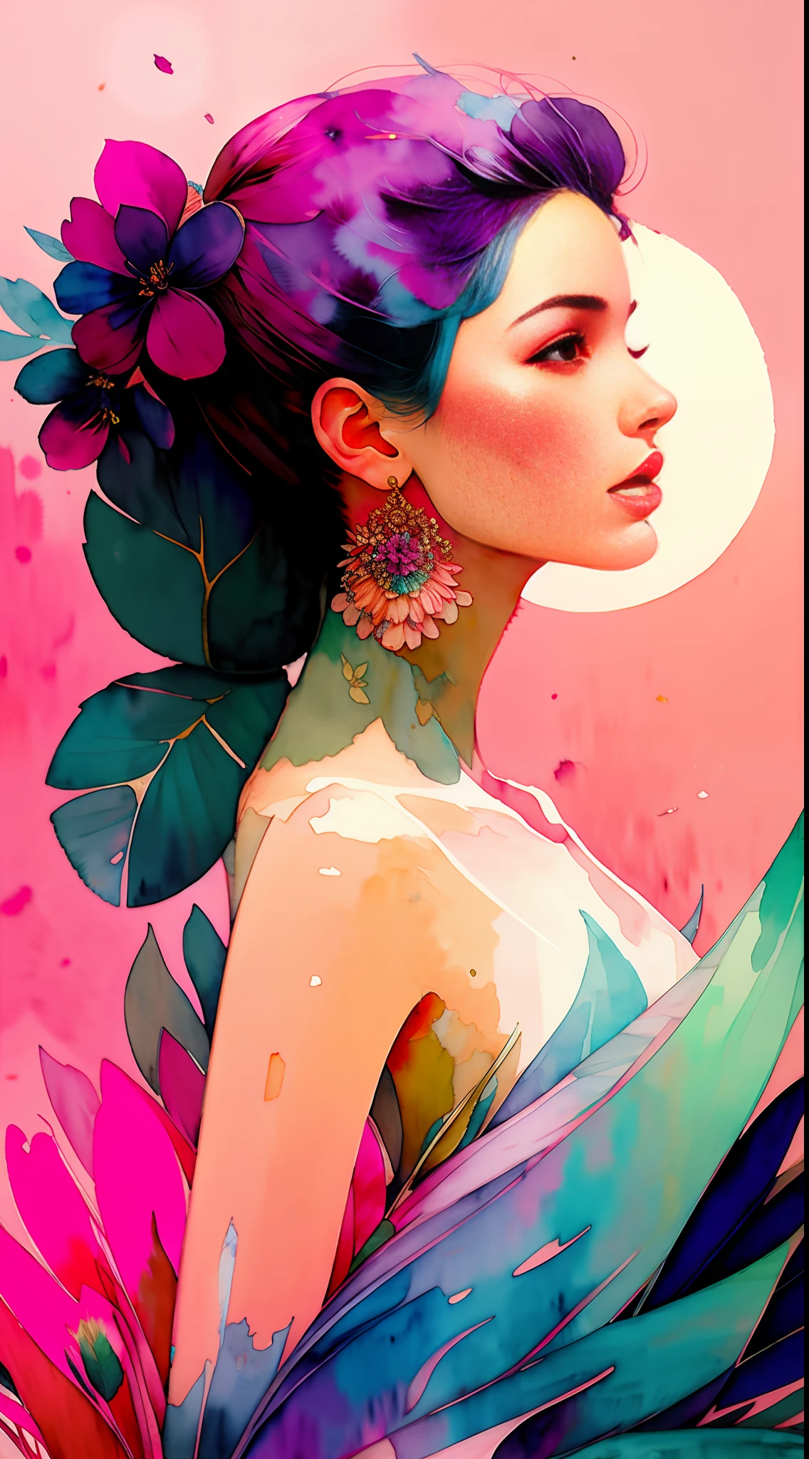 Wtrcolor style, (pink) digital art, formal art, gone with the wind, masterpiece, beautiful, ((watercolor)), paint splashes, intricate details. Excellent detail, [drop:0.7], Trending on Artstation, Rachel Walker,hydrangea