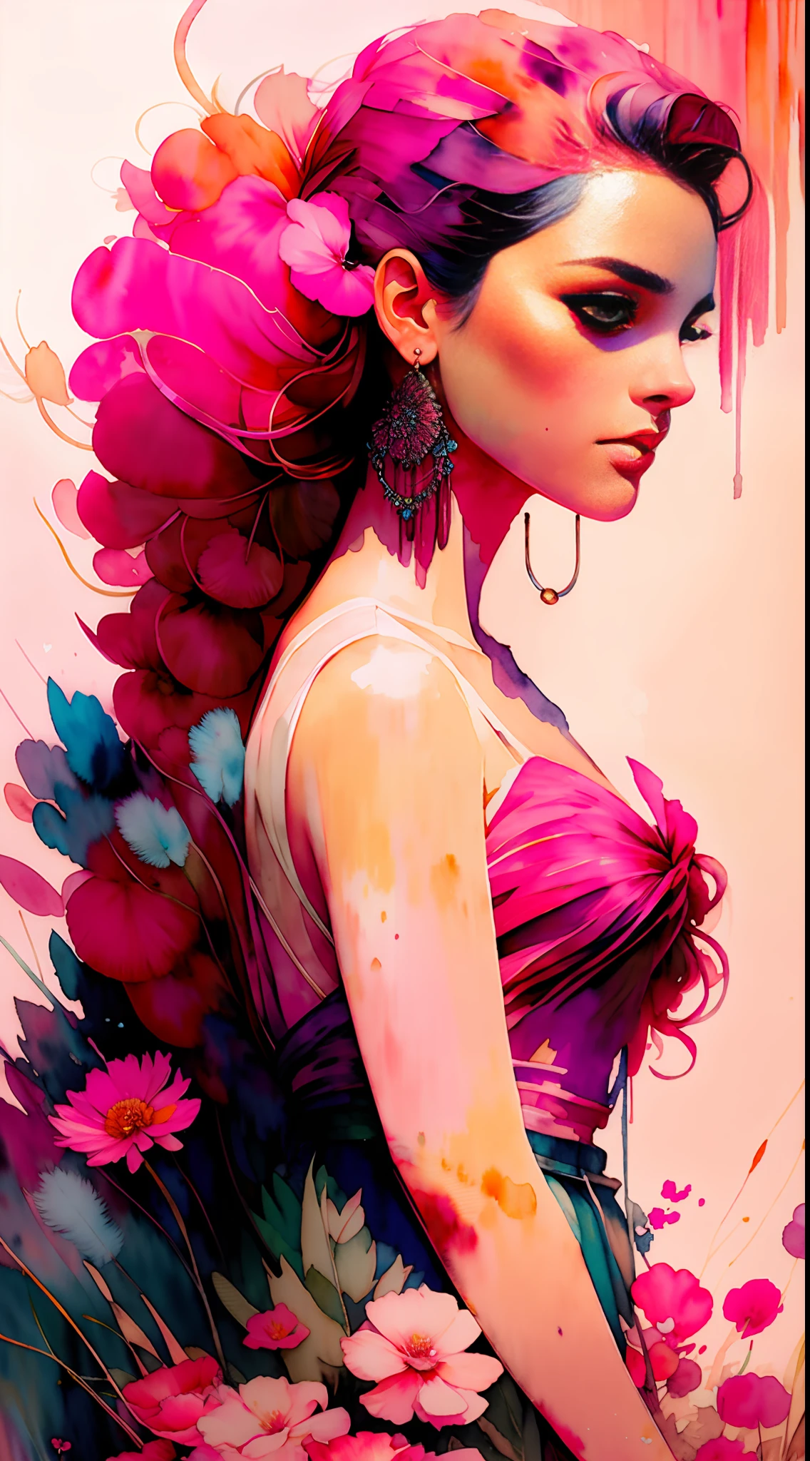 Wtrcolor style, (pink) digital art, formal art, gone with the wind, masterpiece, beautiful, ((watercolor)), paint splashes, intricate details. Excellent detail, [drop:0.7], Trending on Artstation, Rachel Walker, poppy