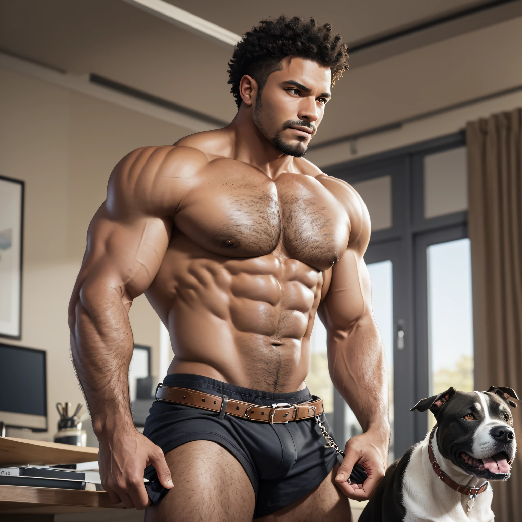 Use artificial intelligence to create a 3D image of a muscular man 1.63 meters tall. He has brown skin, short, curly hair in a gradient cut with stylized scratch. In this scene, he is holding a leash with a pit bull, the famous and strong breed dog. Explore every detail, from the definition of the man's muscles to the pit bull's attentive and confident expression. Create an engaging setting that underscores the strength and connection between the man and his loyal canine companion. Let the imagination flow and harness the power of artificial intelligence to bring this stunning 3D image to life. May this visual representation inspire and delight, capturing the special union between the man and his beloved pit bull. --auto --s2