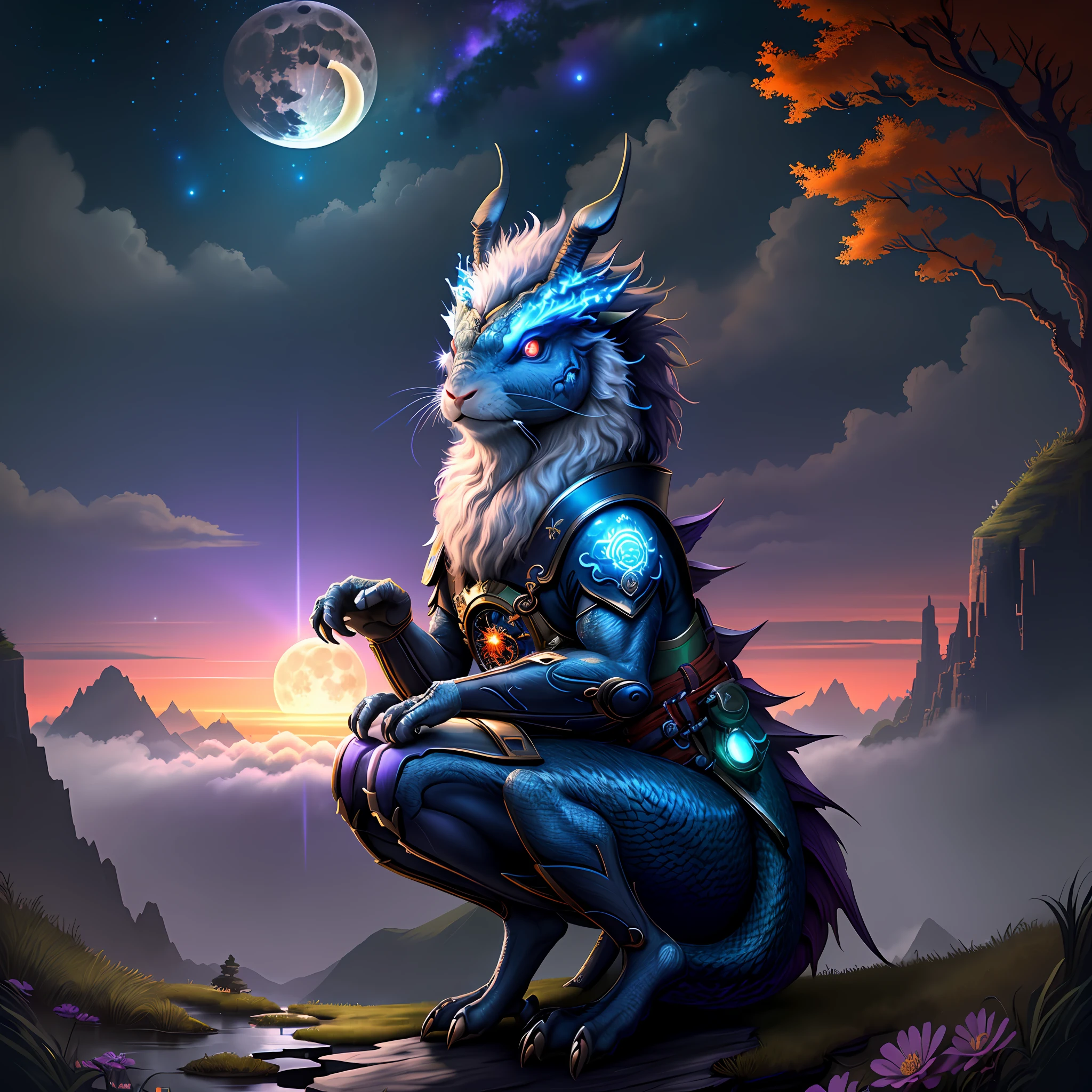 Vast landscape photos, (looking at the sky and the wilderness below), "A rabbit, magical, anthropomorphic, girl, angry expression, glowing eyes, Wanruo mask, Hanfu, background of ancient Chinese streets, night." Genshin Impact Impact, Best Quality, High Detail, High Quality, Ultra High Resolution, OC Rendering, 8K" Standing in a Flower Field and Looking Up, (Full Moon: 1.2), (Meteor: 0.9), (Nebula: 1.3), Far Away Mountains, Tree Breaking Making Art, (Warm Source: 1.2), (Firefly: 1.2), Lights, Purple and Orange, Intricate Details, Volumetric Lighting BREAK (Masterpiece: 1.2), (Highest Quality), 4K, Ultra Detailed, (Dynamic configuration: 1.4), Highly detailed and colorful details (rainbow color: 1.2), (Sparkling lighting, atmospheric lighting), Dreamy, magical, (Solo: 1.2), (Ying Dragon God), (Through the clouds), (Top of the mountains), (Complex), (Super Detail), (Starry Sky Background), (Stout Limbs), (Moon Night), (Ultra Clear), (Best Quality),