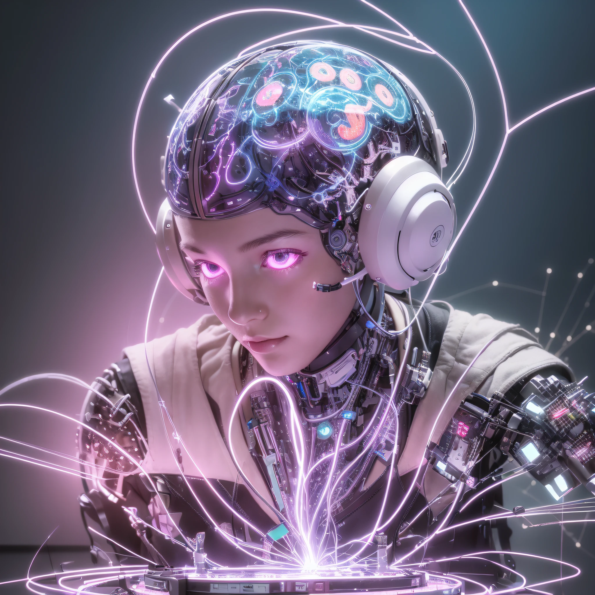 Make a half-human half-robotic brain with circuits and technology, technological background, wires, sparks. --auto --s2