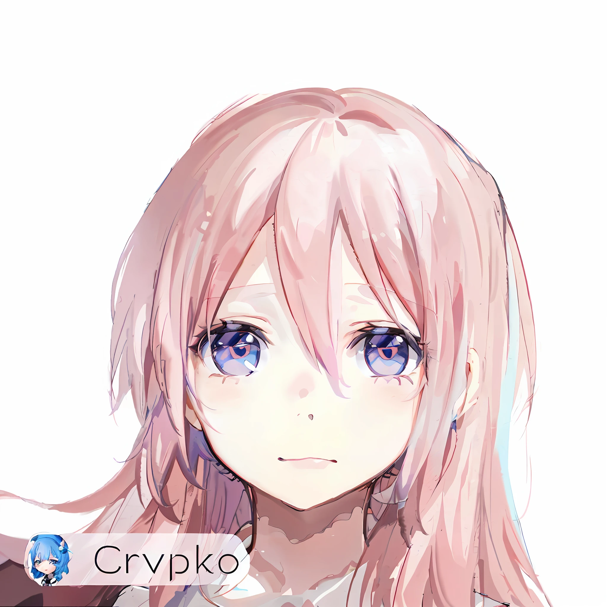 Anime girl with pink hair and blue eyes on white background, ((masterpiece, best quality)), (1girl), (solo), (female focus), (ahoge, white hair, short hair), black eyes, ((white shirt), (buttoned shirt), ((black skirt), (short skirt), standing, white background, behind arms,