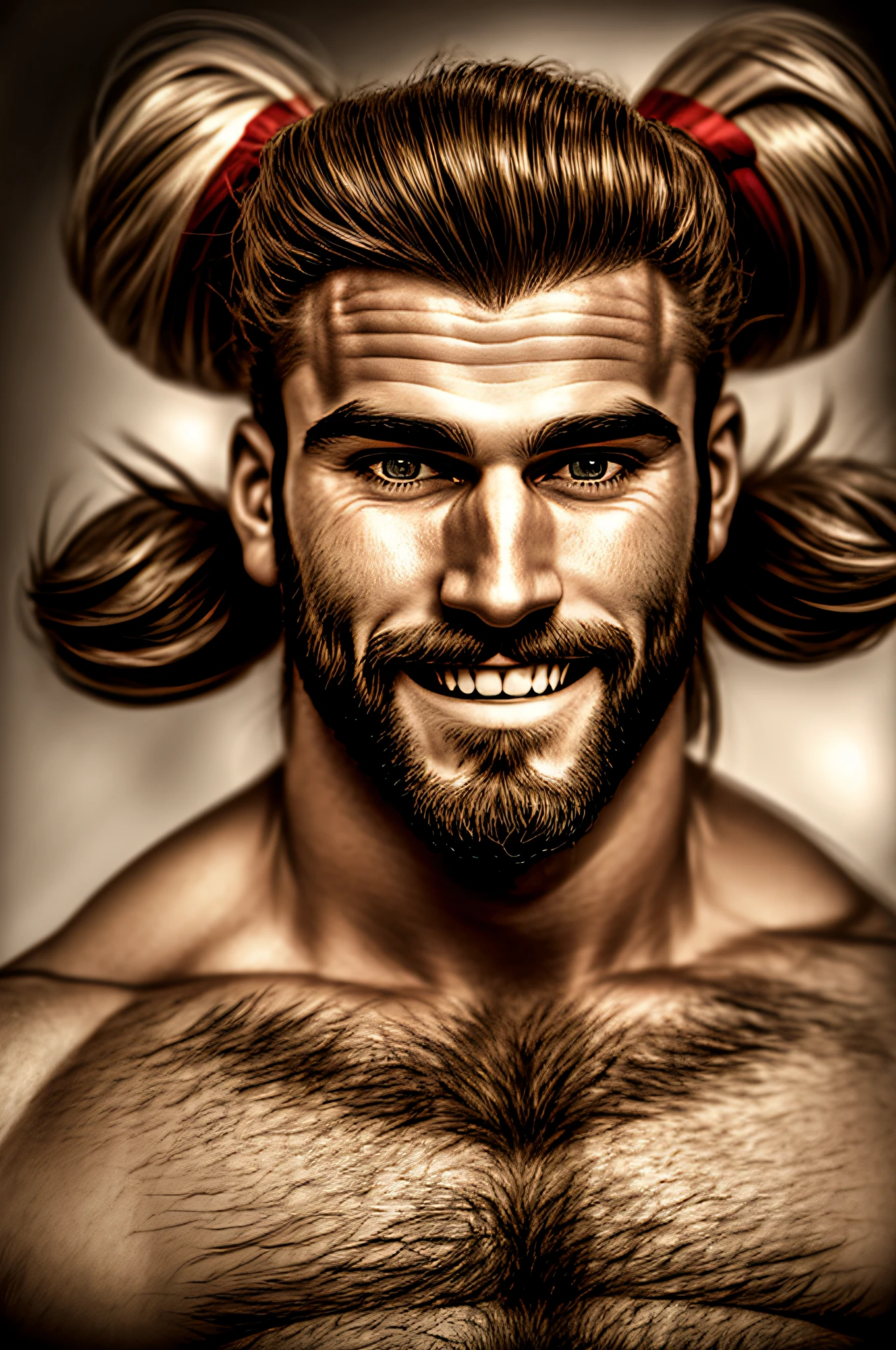 1man, solo, portrait of muscular ladybeard man twin tail hair and beard wear cheerleader costume, smile, details, realistic, photography, blurry background, softfocus