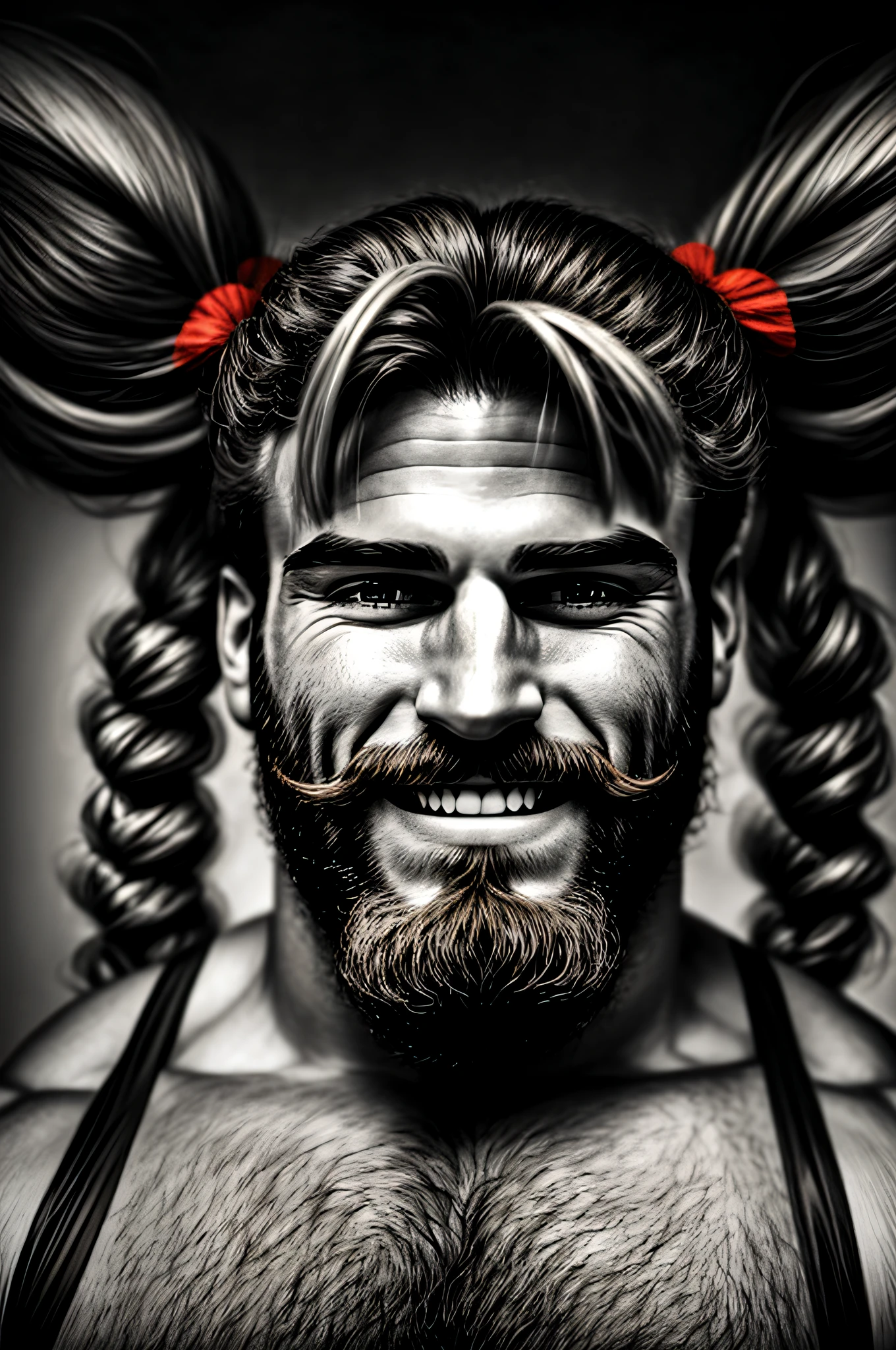 1man, solo, portrait of muscular ladybeard man twin tail hair and beard wear cheerleader costume, smile, details, realistic, photography, blurry background, softfocus