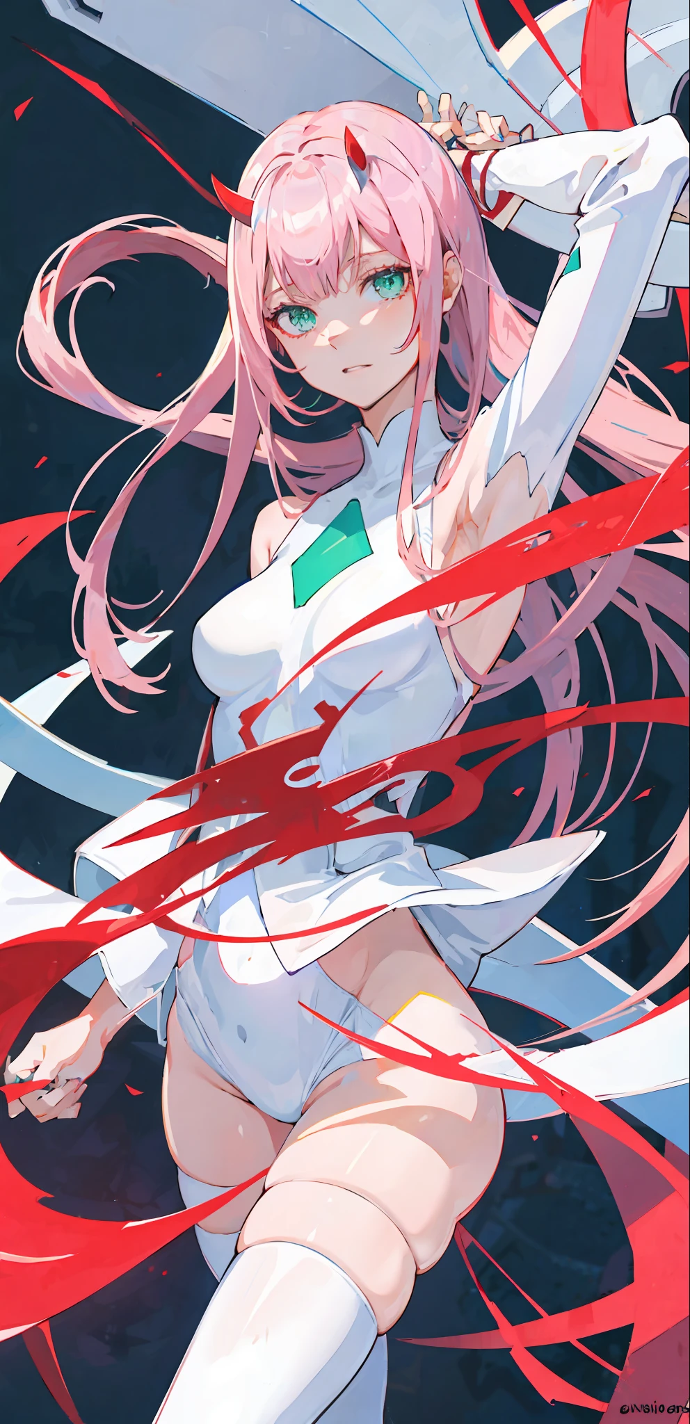 zero two \(darling in franxx\), darling in franxx, 1girl, bangs, bite, shadow, green eyes, hair behind head, horns, long hair, looking at viewer, big thighs, makeup, small breasts, pilot suit, white suit, pink hair, red eyeshadow, science fiction, tight skin, solo