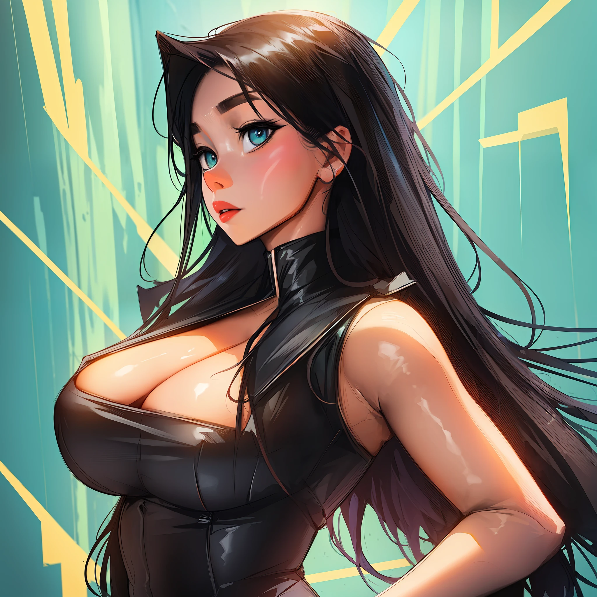 (high-quality rendering of a) masterpiece depicting a solo female character with tight-fitting clothing that accentuates her ample chest, wearing well-tailored pants, her raven-black hair and striking aqua eyes enhance the visual appeal.