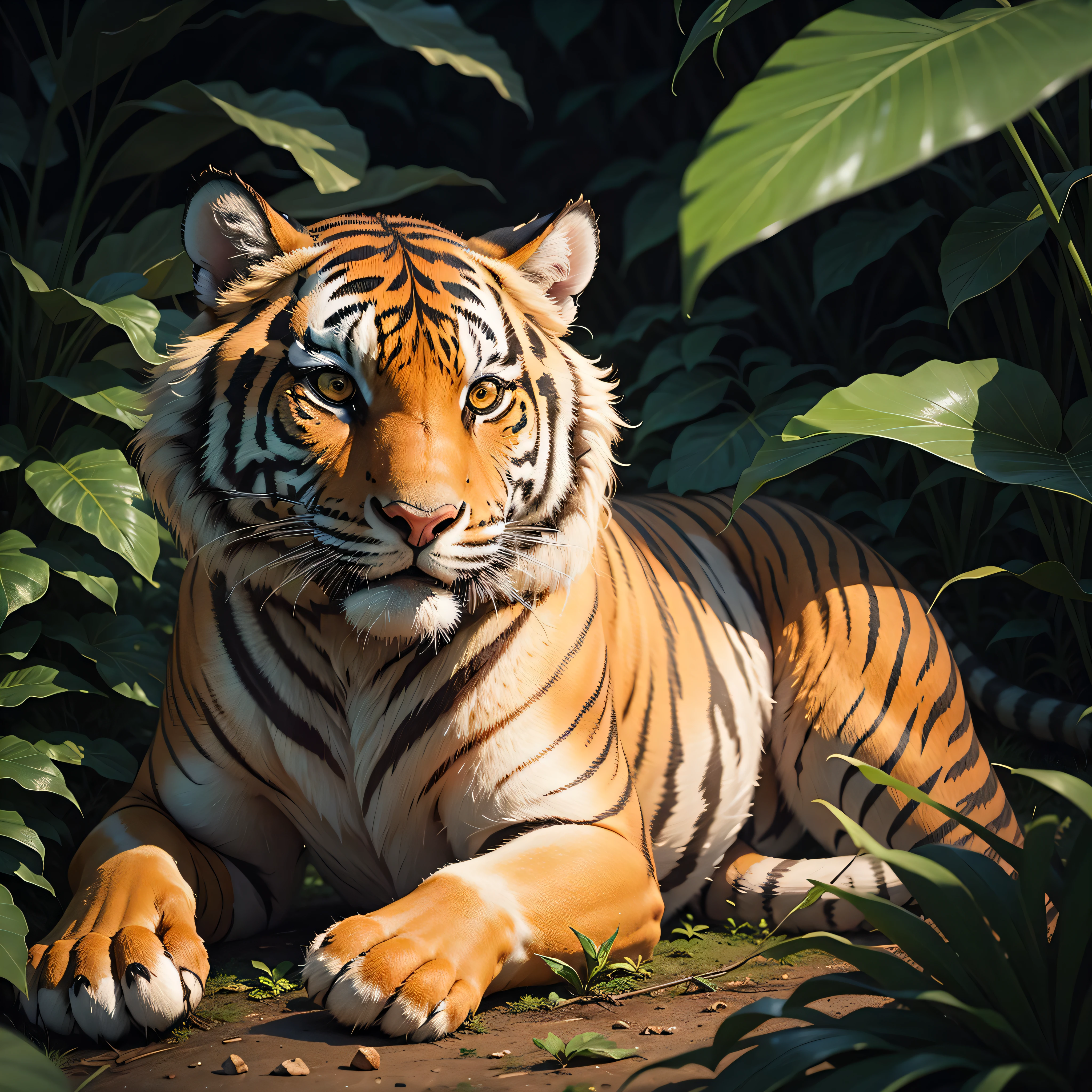 Tiger with orange and black stripes, lying in jungle with lush foliage.