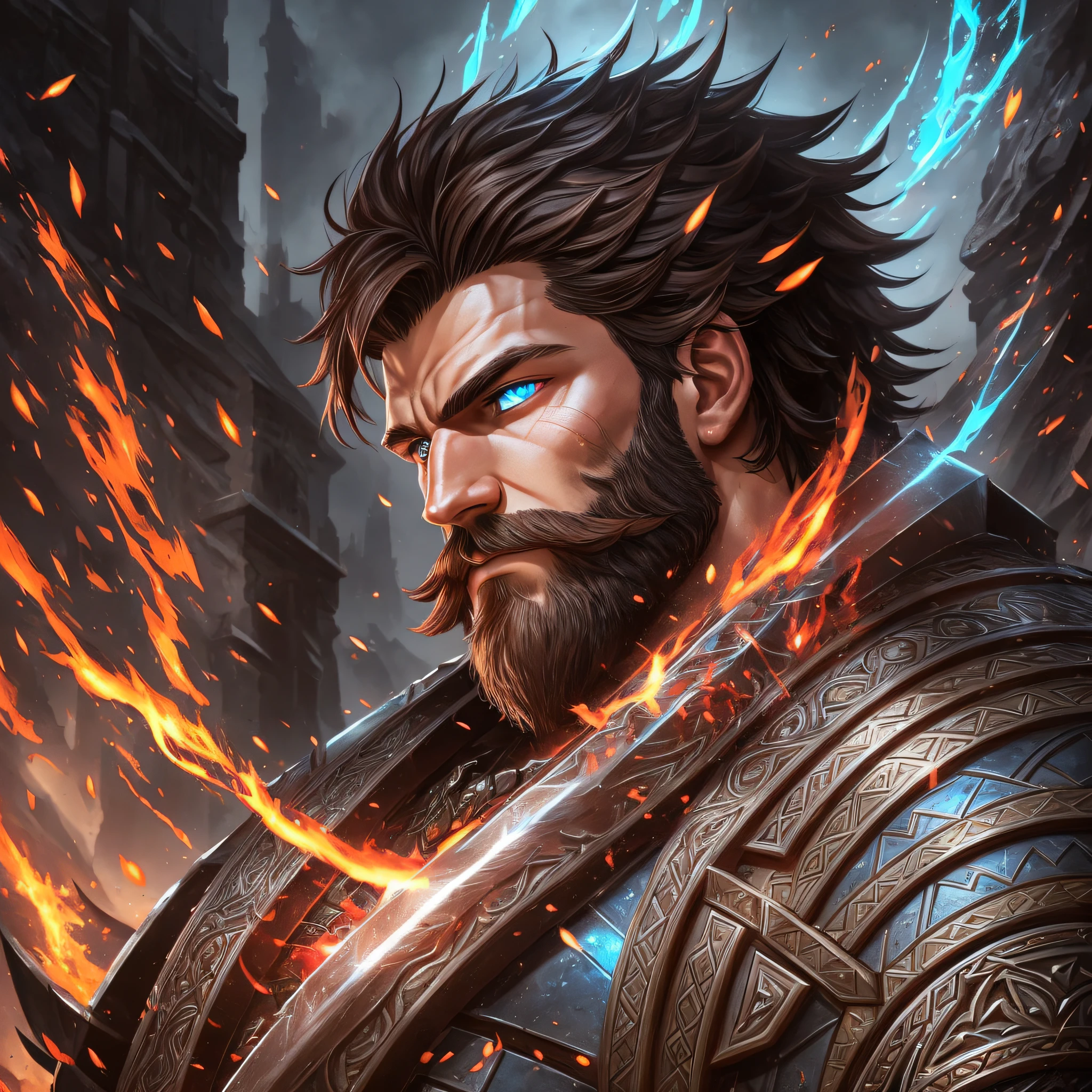 man with short beard, epic rpg portrait, fantasy male portrait, rpg portrait concept art, male warrior, fantasy concept art portrait, epic portrait illustration, detailed character portrait, a human warrior, large black armor with red details, full armor, blue eyes, short hair, brown hair, character dungeons and dragons, detailed hands, cover, High Detail, blood splatters --s --auto