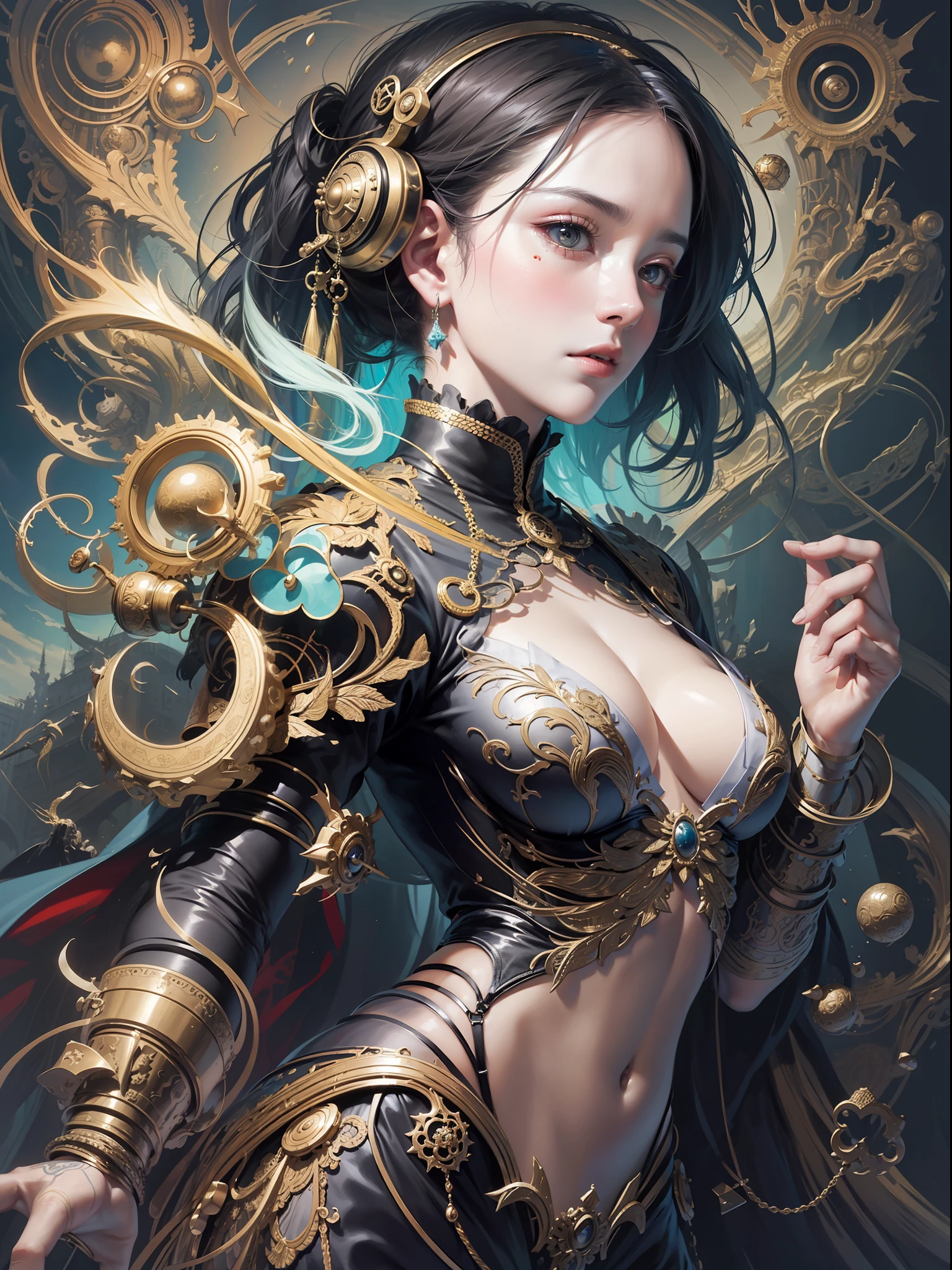 official art, unity 8k wallpaper, ultra detailed, beautiful and aesthetic, masterpiece, best quality, (zentangle, mandala, tangle, entangle), (fractal art:1.3) , 1girl, extremely detailed, dynamic angle, cowboyshot, the most beautiful form of chaos, elegant, a brutalist designed, vivid colours, romanticism, by james jean, roby dwi antono, ross tran, francis bacon, michal mraz, adrian ghenie, petra cortright, gerhard richter, takato yamamoto, ashley wood, atmospheric, ecstasy of musical notes, streaming musical notes visible