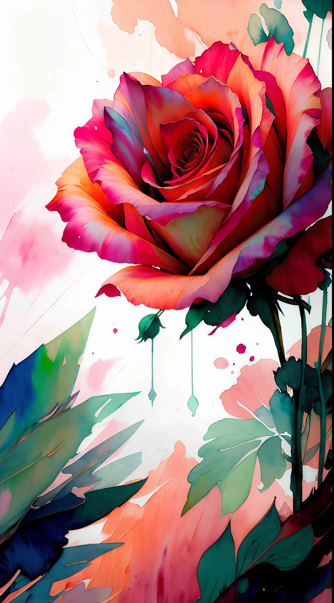 wtrcolor style, (rose) digital art, official art, blown by the wind, masterpiece, beautiful, ((watercolor)), paint splatter, intricate detail. Great detail, [dripping:0.7], Trending on Artstation, Rachel Walker