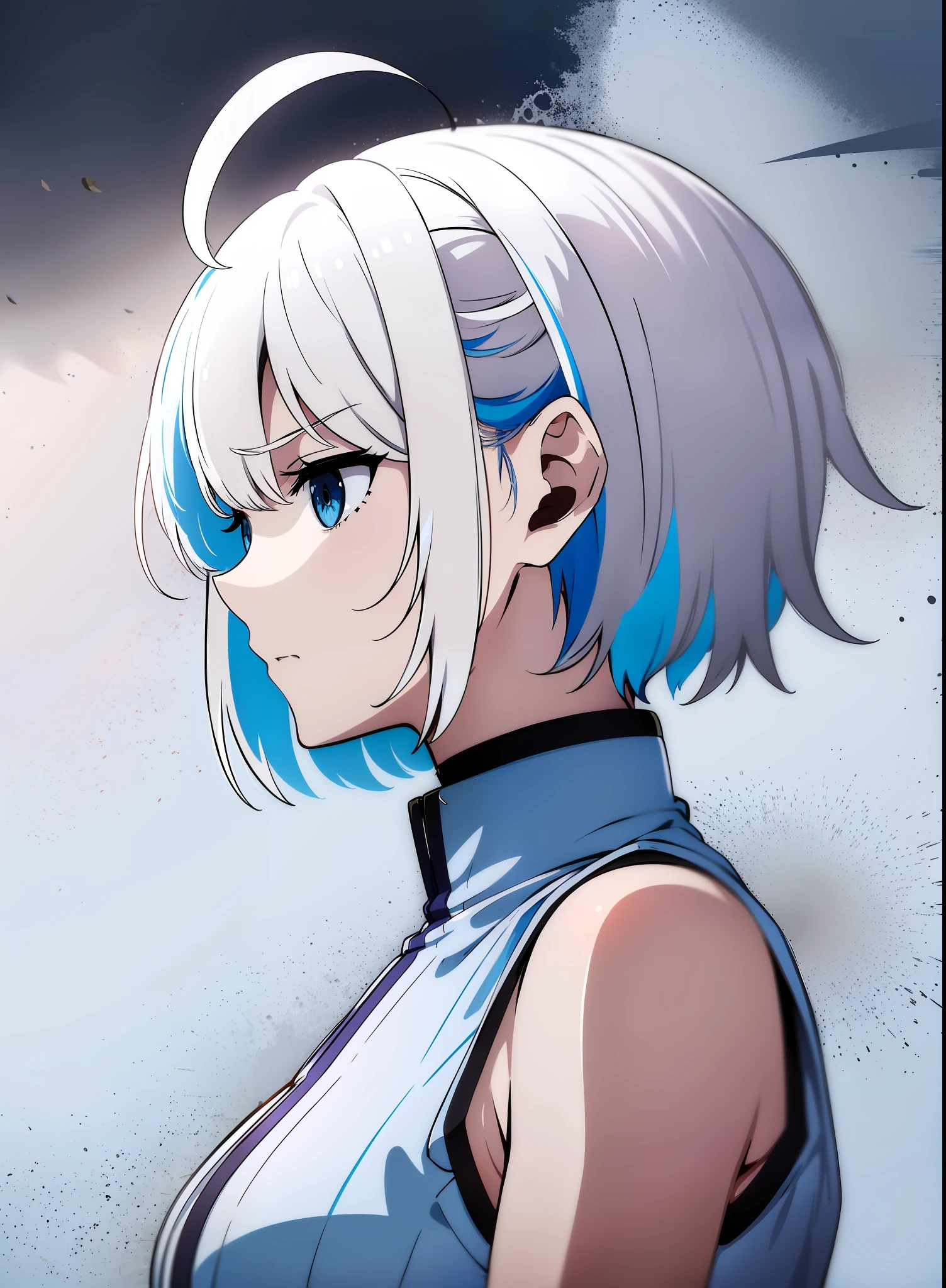 highres, (1girl), (white hair), (short hair), (short ahoge hair), (multicolor hair), (blue streaked hair), (blue eyes), white dress, sleeveless, angry face, evil eyes, side view, profile view , looking away, white background,