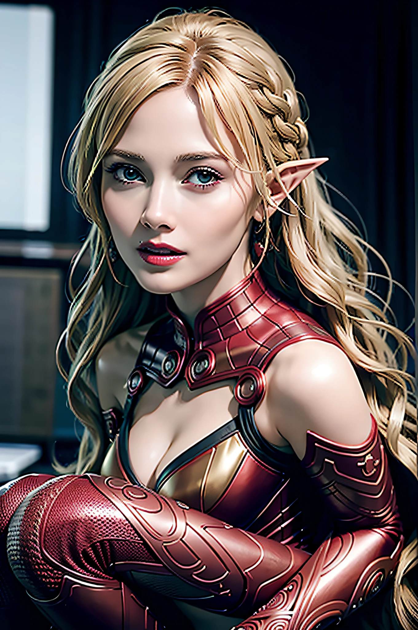 (Photorealistic: 1.5), complex 3D rendering ultra-detailed beautiful, (Skindent: 1.5), (Masterpiece, top quality, octane rendering, 8K), glamour shots full body images, very beautiful young elves, cleavage, swimsuit, one, micro bikini, long braided blonde hair, blonde hair only, big breasts, wearing intricate super armor in gold and red colors, wearing a complex red cape (((portrait))), wearing intricate white metal leggings on legs, futuristic urban background, facial muscles, in the style of Marvel Comics, ArtStation trends, clear focus, studio photography, intricate details, highly detailed, detailed eyes, illustrations, highly detailed, Sharp Focus, Digital Rendering, Professional