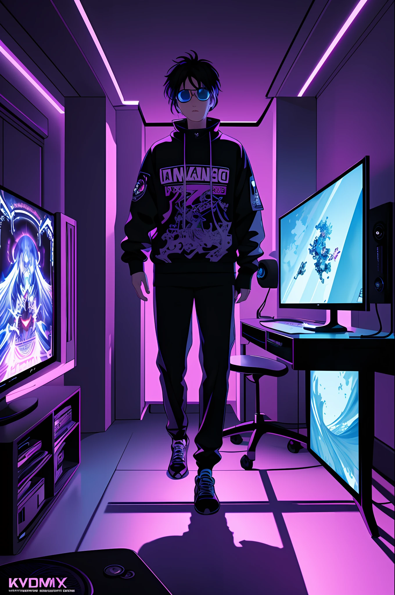 (masterpiece), (best illustration),(no humans), anime background, gaming bedroom, television with large computer, ring lighting , rim lighting,(extremely detailed CG unity 8k wallpaper),(masterpiece), (best quality), (vaporwave style), (ultra-detailed), (best illustration),(best shadow),perfect lighting , perfect anatomy , vivid colors,