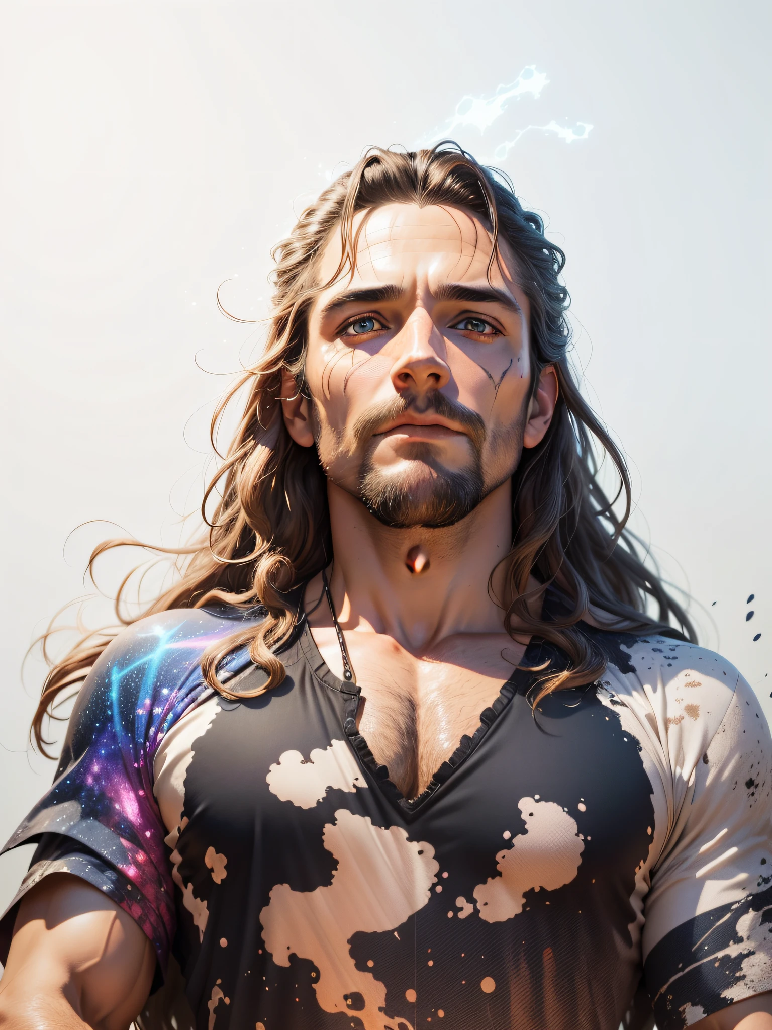 40-year-old men like a tarzan, rustic men, universe background, long brown hair, DMT, sacred, psychedelic, psychedelic design, Aura, becoming spiritual, ultrarealistic photorealistic, 8k, artstation. Art should have photo-realistic, ultra-realistic, hyper-realistic, ethereal colors of random color Power Rage, vector 3d anime style, full 3d shot, standing pose, cosmic, outer space and fire colors Art styles, highly detailed symmetrical hazelnut eyes, highly detailed gorgeous face, dynamic pose, ethereal, mystical, splatter drips, paper texture, pulp manga and perfect shading,  with dramatic lighting. The artwork should be centralized, stylized, and elaborated --auto --s2