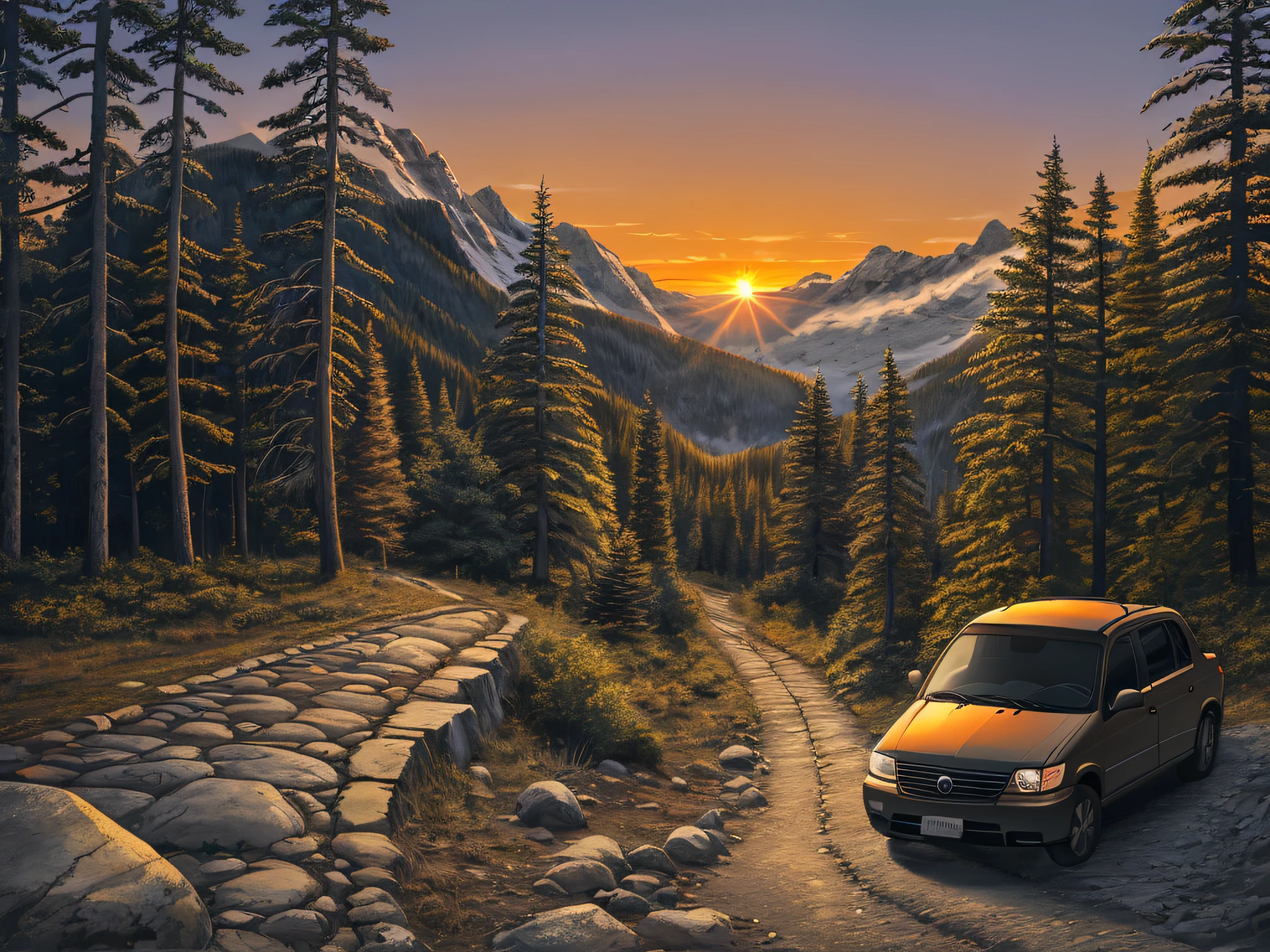 Sunset, into the night, car parked on mountain road, drawn in Microsoft Paint, big rocks, stones, path, forest in background, fir, canada, mountain bottom, landscape illustration