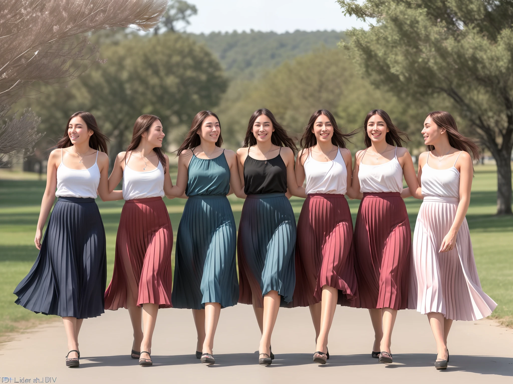(8k UHD, DSLR, high fidelity, f/8, iso 100 group photograph of many tender, kind, flirty, smiling, attractive women who are going to love you and kiss you and they are all wearing long pleated skirts), (wind blowing, windy:1,1),
