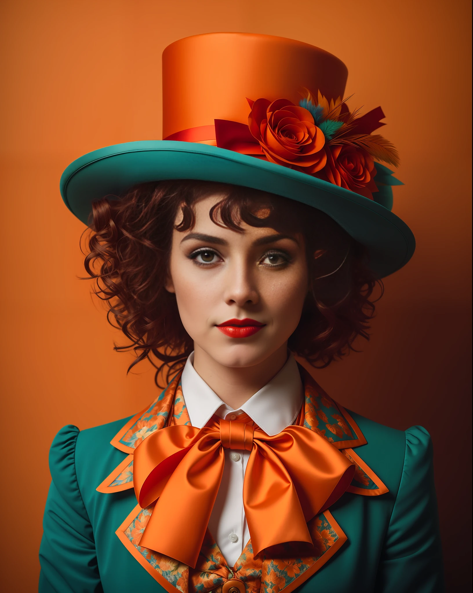 There is a woman with a hat and a bow tie, Female Mad Hatter, The Mad Hatter, The Mad Hatter, The Rad Hatter, The Mad Hatter, Alice in Wonderland Portrait, Blue-and-Orange Colored, Circus Artist Portrait, Color Portrait, Photographed Portrait, Miss Aniela, 4K Color Photo Portrait, Fine Art Fashion Photography (High Definition Hair), (high definition body)