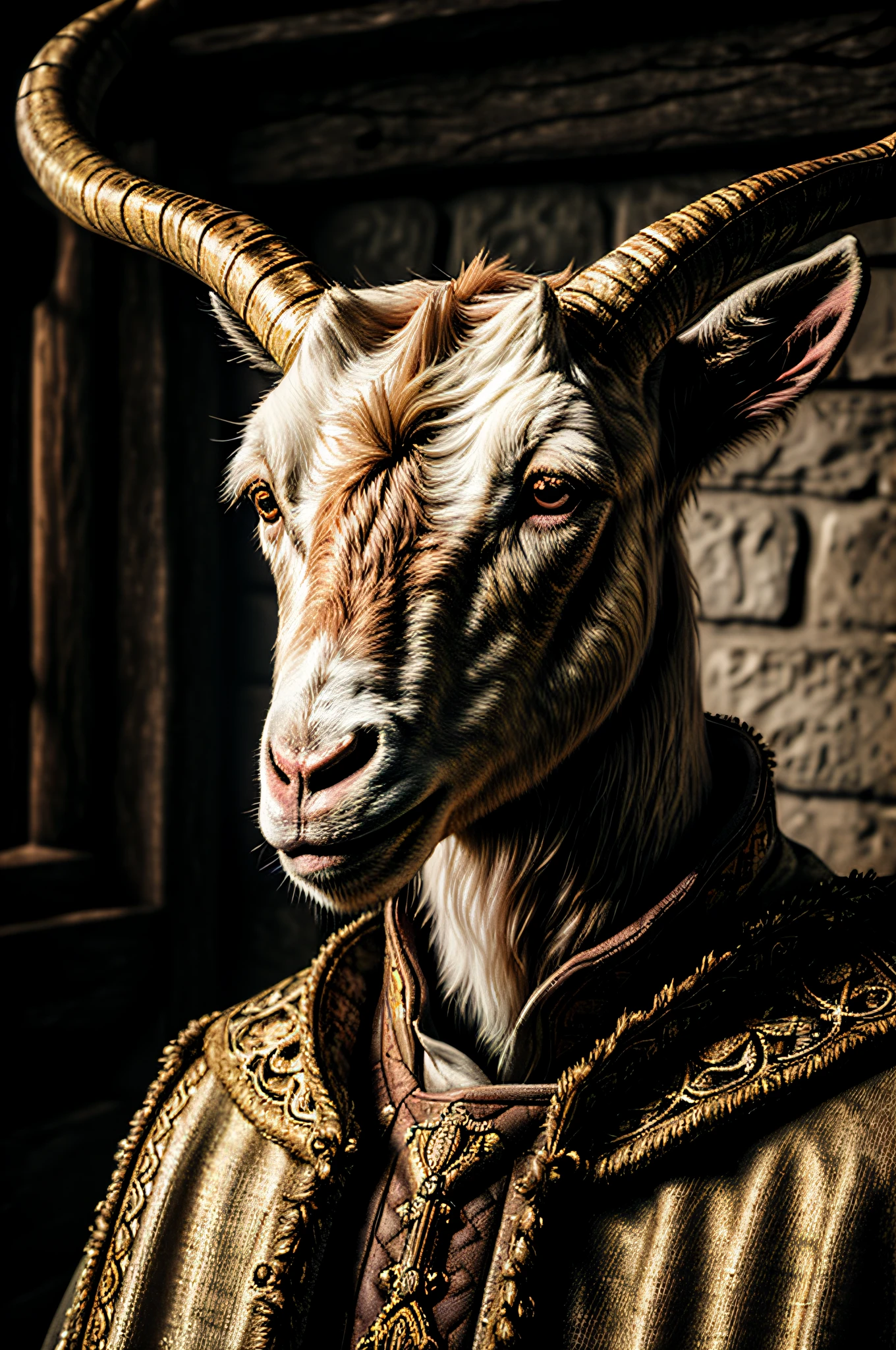 ((masterpiece), (best quality), ultra high res, (raw photo:1.2), (photorealistic:1.4), Exceptional detail, dramatic lighting, 8k, absurdres, 1goat, animal, medieval knight, dim light, ornate, ornament, noble, robe, outdoors,