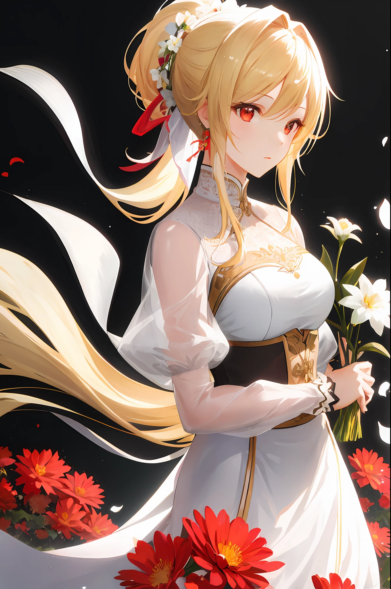 1girl, solo, flower, blonde, white flowers on background, shiny hair, bouquet, gradient background, tone map, red eyes, ponytail on the side