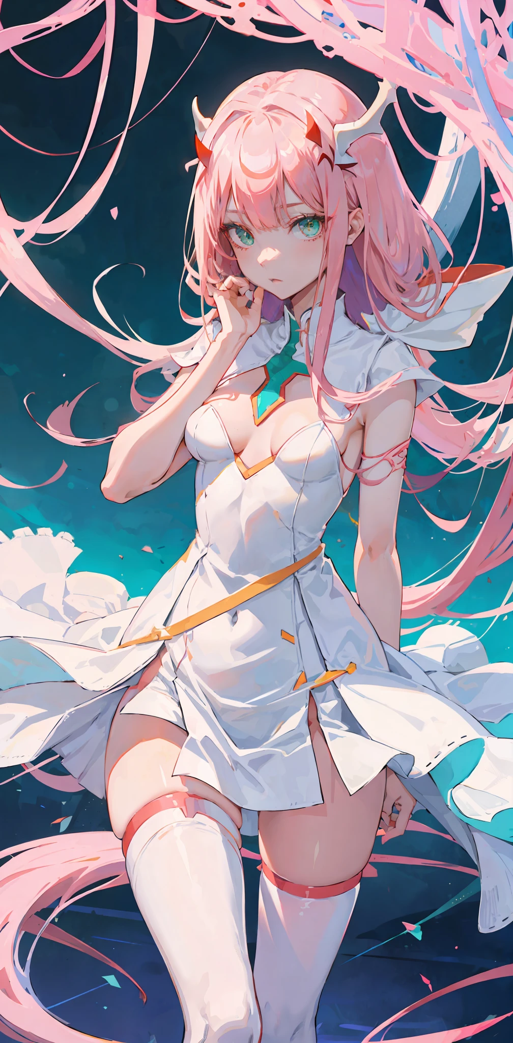 zero two \(darling in franxx\), darling in franxx, 1girl, bangs, bite, shadow, green eyes, hair behind head, horns, long hair, looking at viewer, big thighs, makeup, small breasts, pilot suit, white suit, pink hair, red eyeshadow, science fiction, tight skin, solo