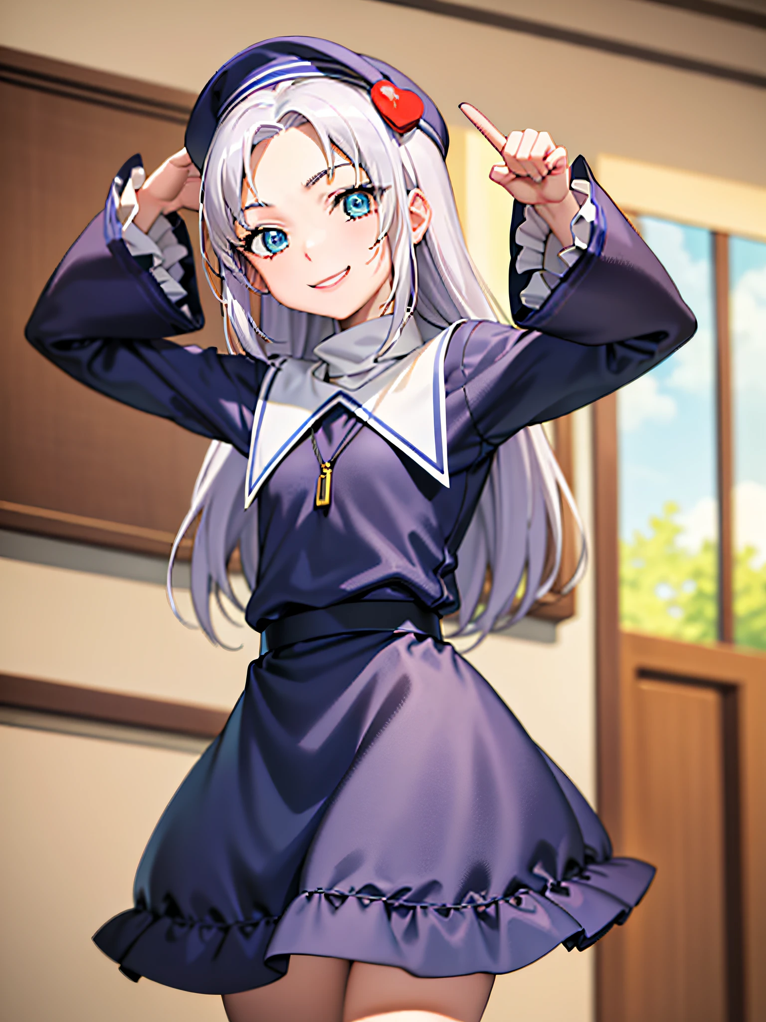 (best quality:1.1), (masterpiece:1.4), (absurdres:1.0), portrait, close-up, 1girl, takayama maria, silver hair, flat chest, blue eyes, long hair, shirt and skirt, looking at viewer, park, smile