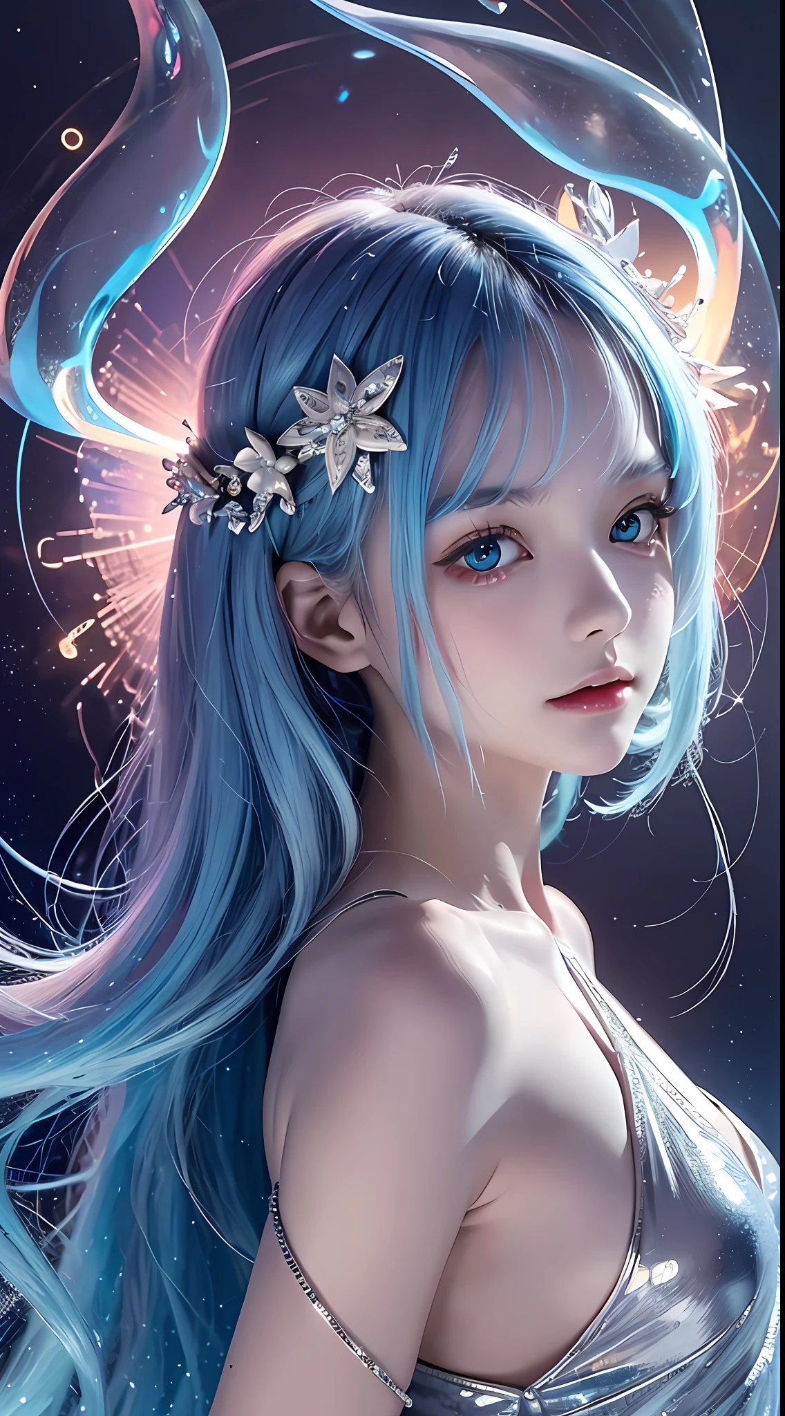 ((Best Quality)), ((Masterpiece)), ((Real), Portrait
1 girl, celestial body, god, goddess, light particles, halo, looking viewer, resolute eyes, bare shoulders, tube top, expressionless,
(Bioluminescence: 0.95) marine, bioluminescence, vivid, colorful, color, (sparkling, glowing), blue hair.
(beautiful composition), cinematic lighting, complex, (symmetry: 0.5), whimsical,