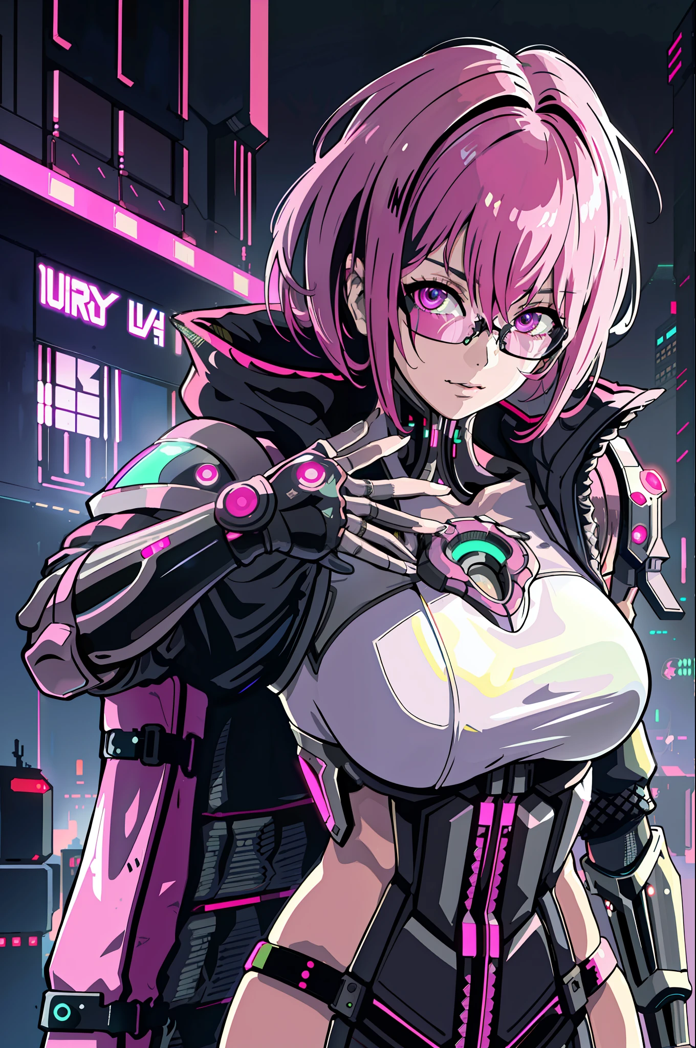 1girl, close-up, intricate details, (cyberpunk:1.4), mechanical arms, glasses, messy hair, (shiny neon armor:1.2), machines, black background, big breasts, pink hair, curvy girl but fit, a gun in her hand