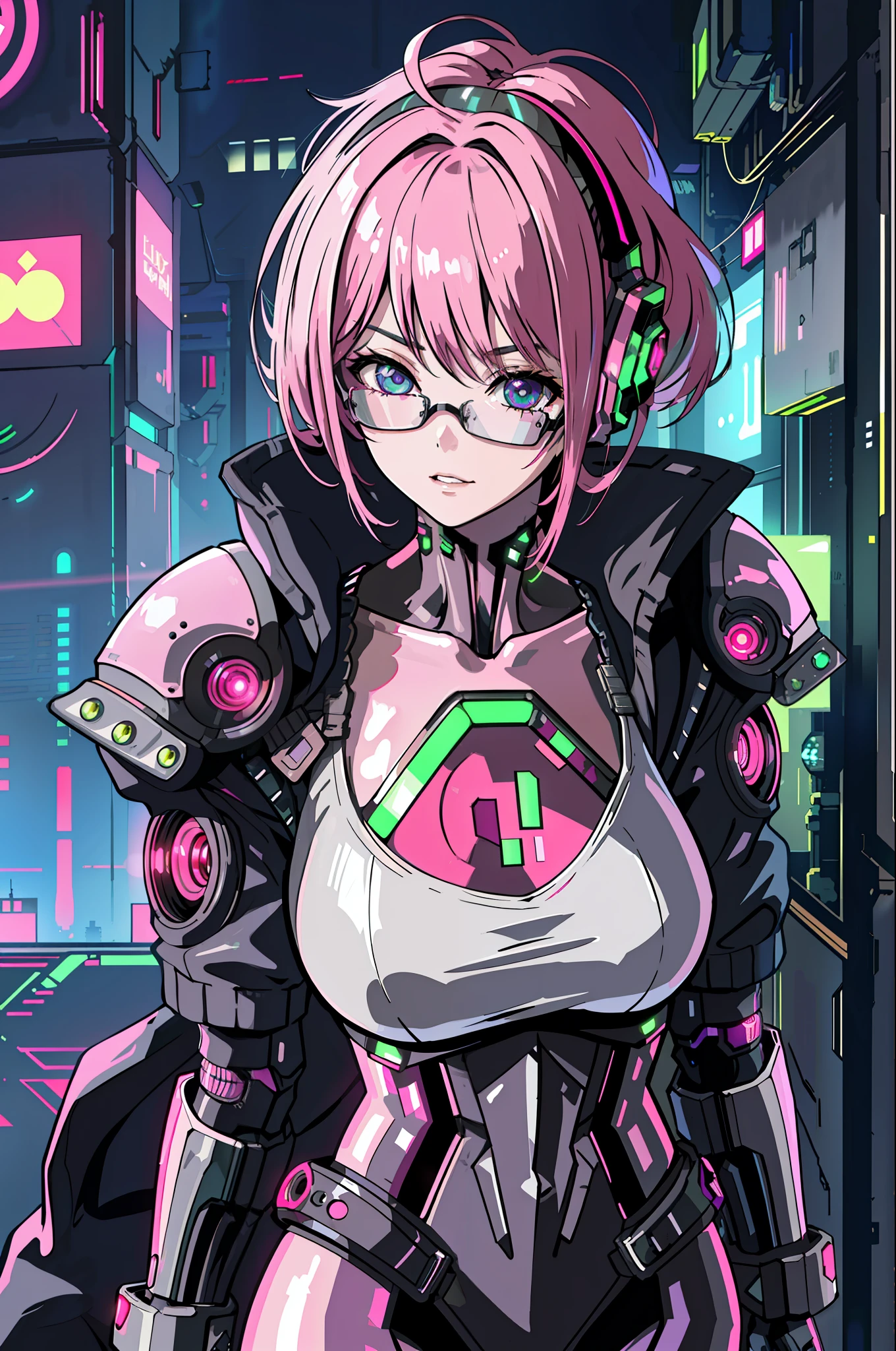 1girl, close-up, intricate details, (cyberpunk:1.4), mechanical arms, glasses, messy hair, (shiny neon armor:1.2), machines, black background, big breasts, pink hair, curvy girl but fit, a gun in her hand