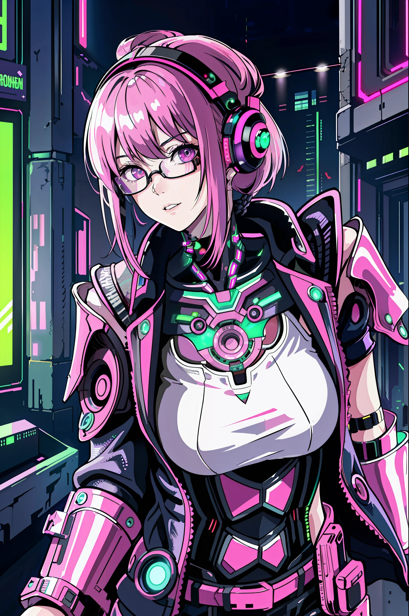 1girl, close-up, intricate details, (cyberpunk:1.4), mechanical arms, glasses, messy hair, (shiny neon armor:1.2), machines, black background, big breasts, pink hair, curvy girl but fit, a gun in her hand