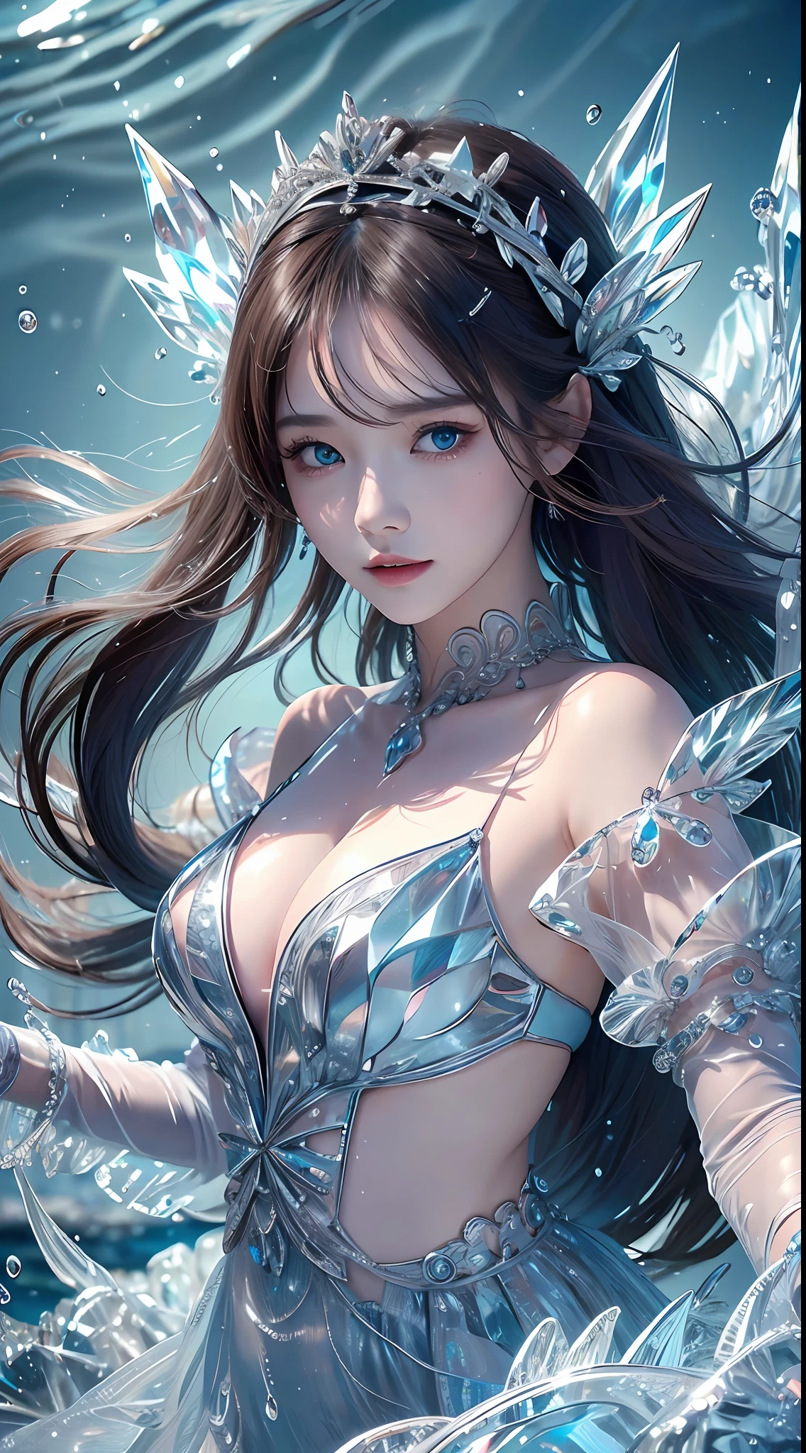 (masterpiece, top quality, best, official art, beautiful and aesthetically pleasing, long exposure: 1.2), smooth movement, charming pattern, 1 girl, (long skirt with sleeves: 1.3), blue dress, upper body close-up , bare shoulders, Chinese girl, freckles, black lob hair, portrait, solo, upper body, watching observer, detailed background, detailed face, (crystallineAI, crystalline theme:1.1), elemental water sprite, spinning water, controlling water, diamond clothes, dynamic poses, floating particles, ethereal dynamics, water, vapor, ocean in the background, blue tones, coast, ethereal atmosphere,