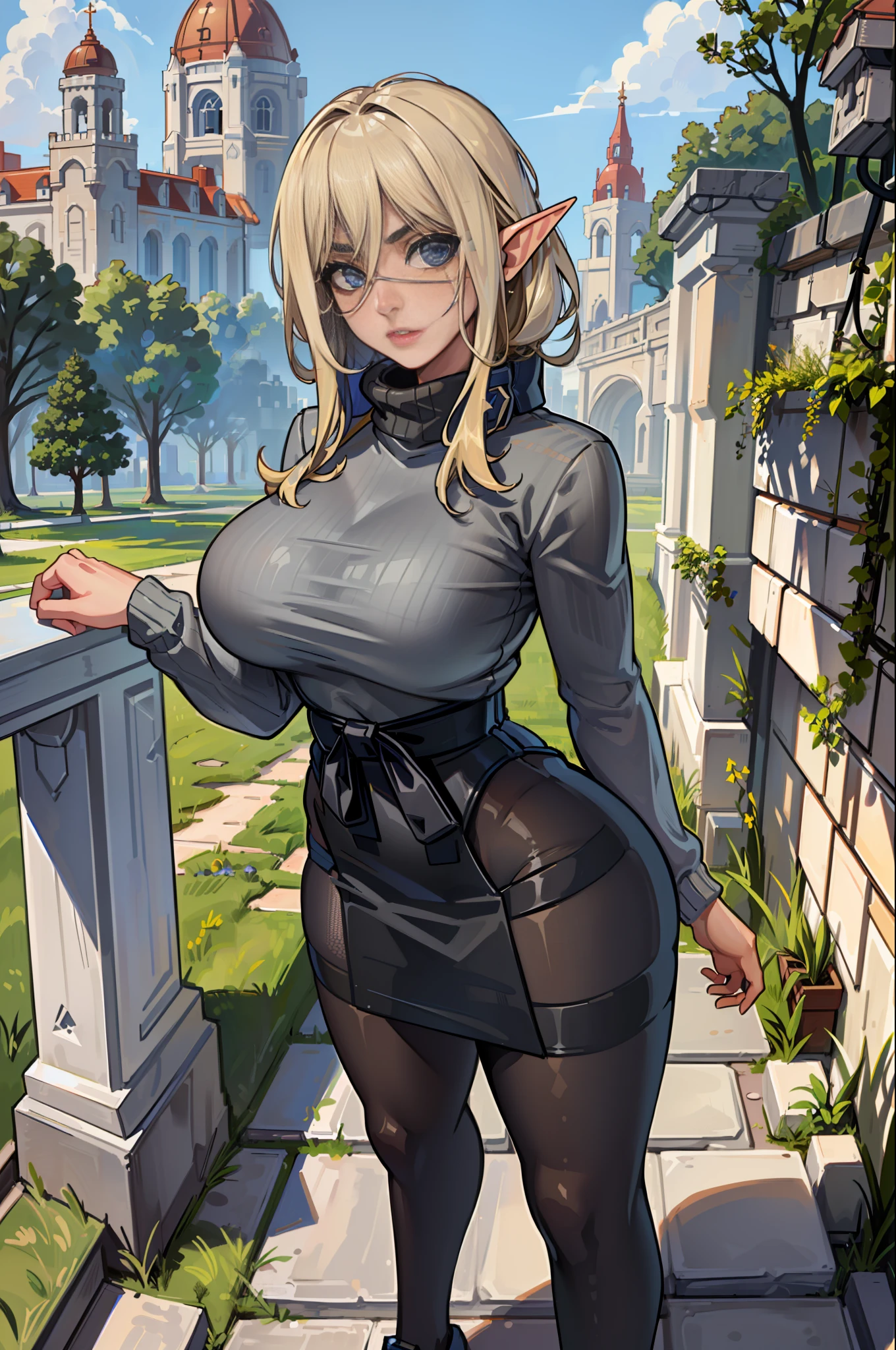 1girl, ((((solo))), masterpiece, best quality, agrias, gray sweater, black mesh, (((standing))), (((looking at the viewer)))), blonde hair, elf ear, ((((large breasts)))
