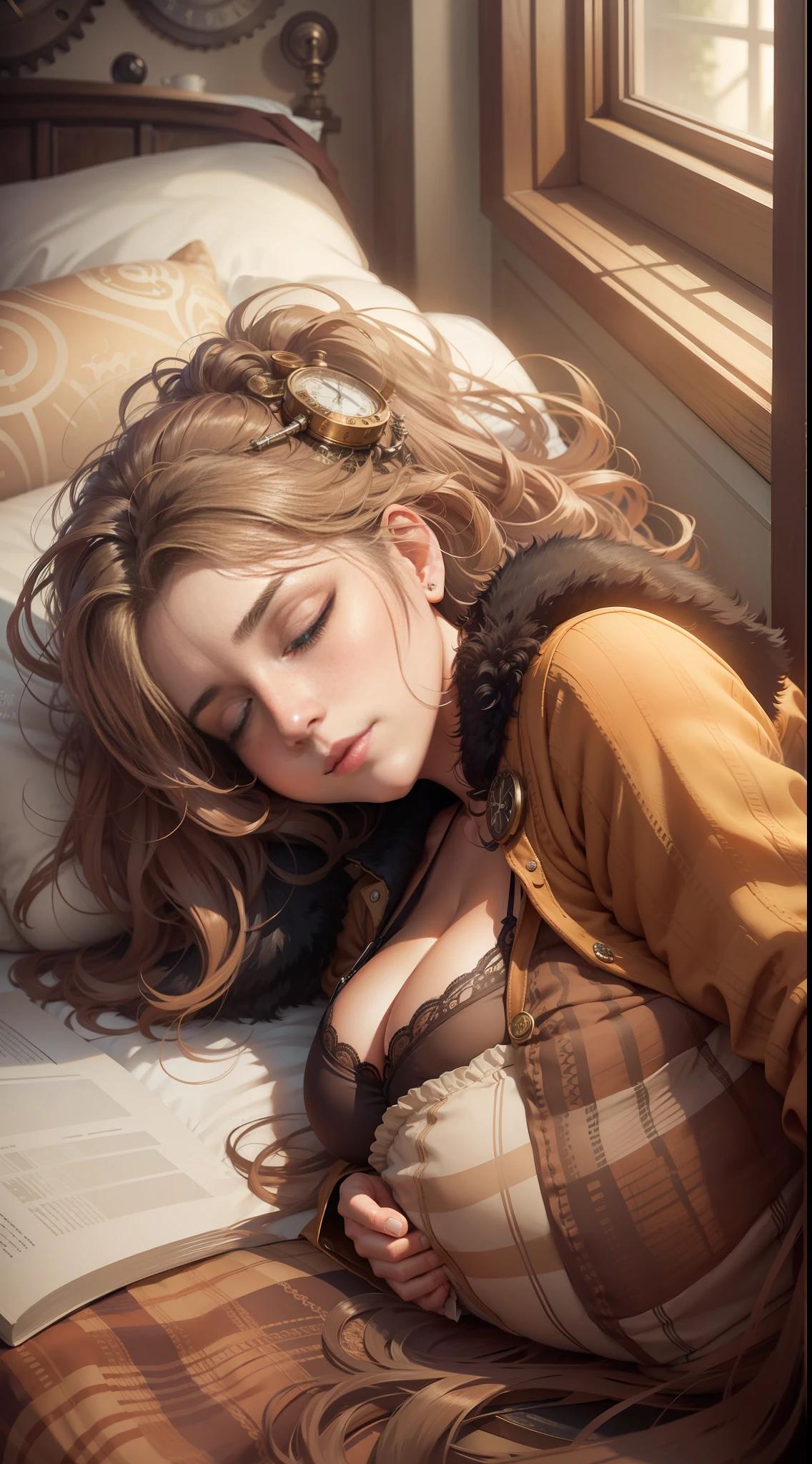 Steampunk style, beautiful adult curvy girl, realistic, she sleeping on the bed, she is lying on her back, soft orange light thought to the window and illuminates his face, upper view, messy hair, she only wear bra and jumper,