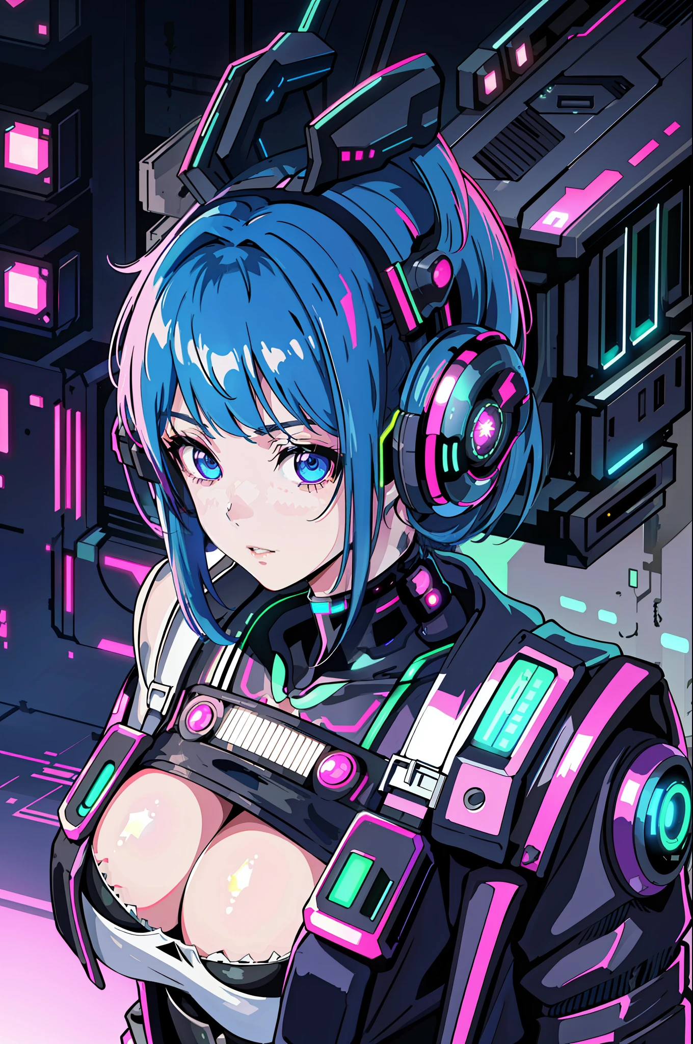 1girl, close-up, intricate details, (cyberpunk:1.4), mechanical arms, stars on shoulder straps, disheveled hair, (shiny neon armor:1.2), cars, black background, large breasts, blue hair, curvy girl, but fit, (neon sphere in her hands), trossing rays