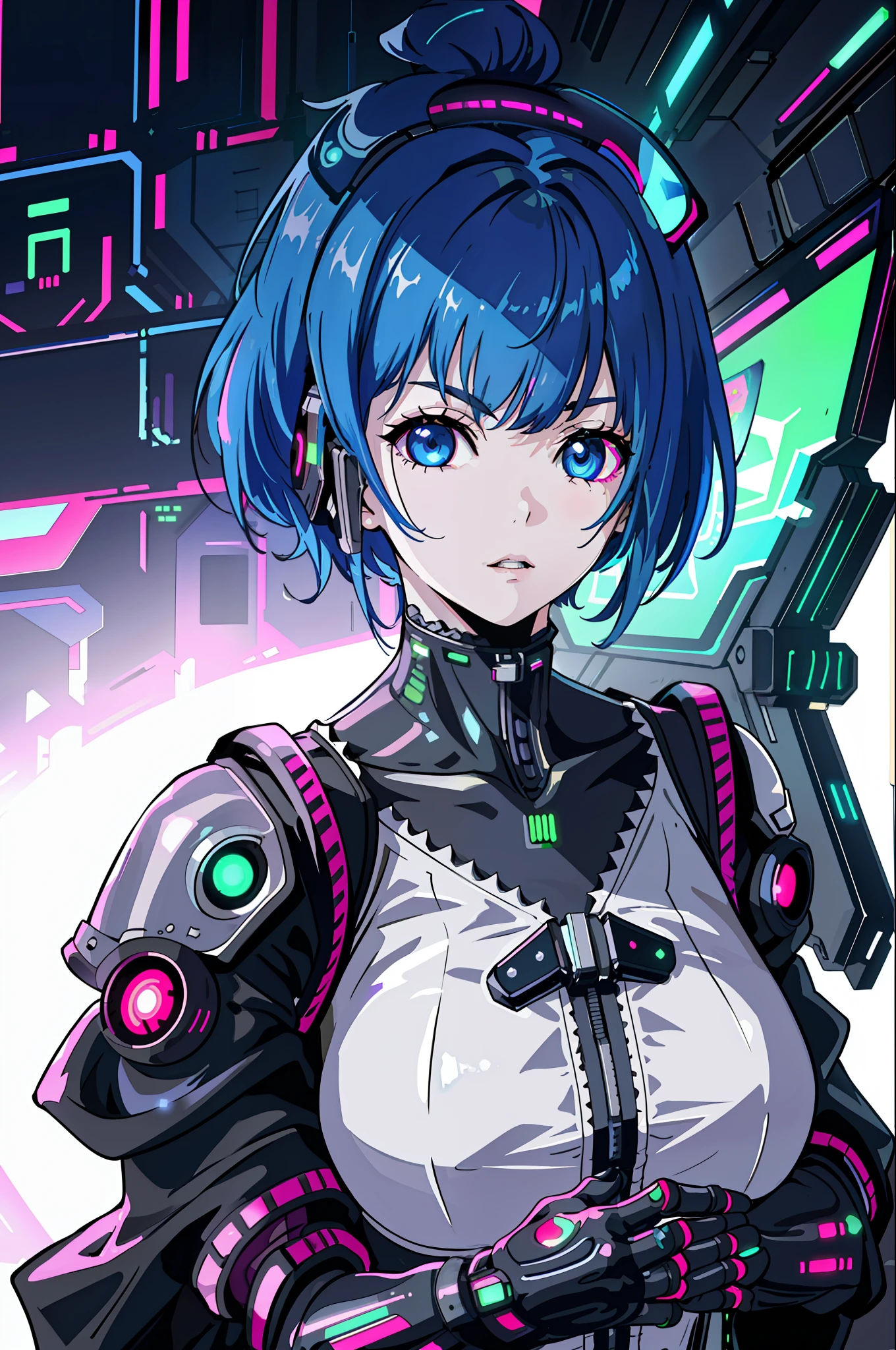 1girl, close-up, intricate details, (cyberpunk:1.4), mechanical arms, stars on shoulder straps, disheveled hair, (shiny neon armor:1.2), cars, black background, large breasts, blue hair, curvy girl, but fit, (neon sphere in her hands), trossing rays