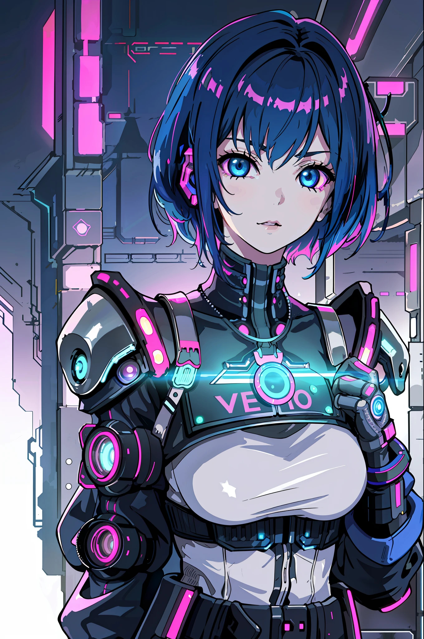 1girl, close-up, intricate details, (cyberpunk:1.4), mechanical arms, stars on shoulder straps, disheveled hair, (shiny neon armor:1.2), cars, black background, large breasts, blue hair, curvy girl, but fit, (neon sphere in her hands), trossing rays