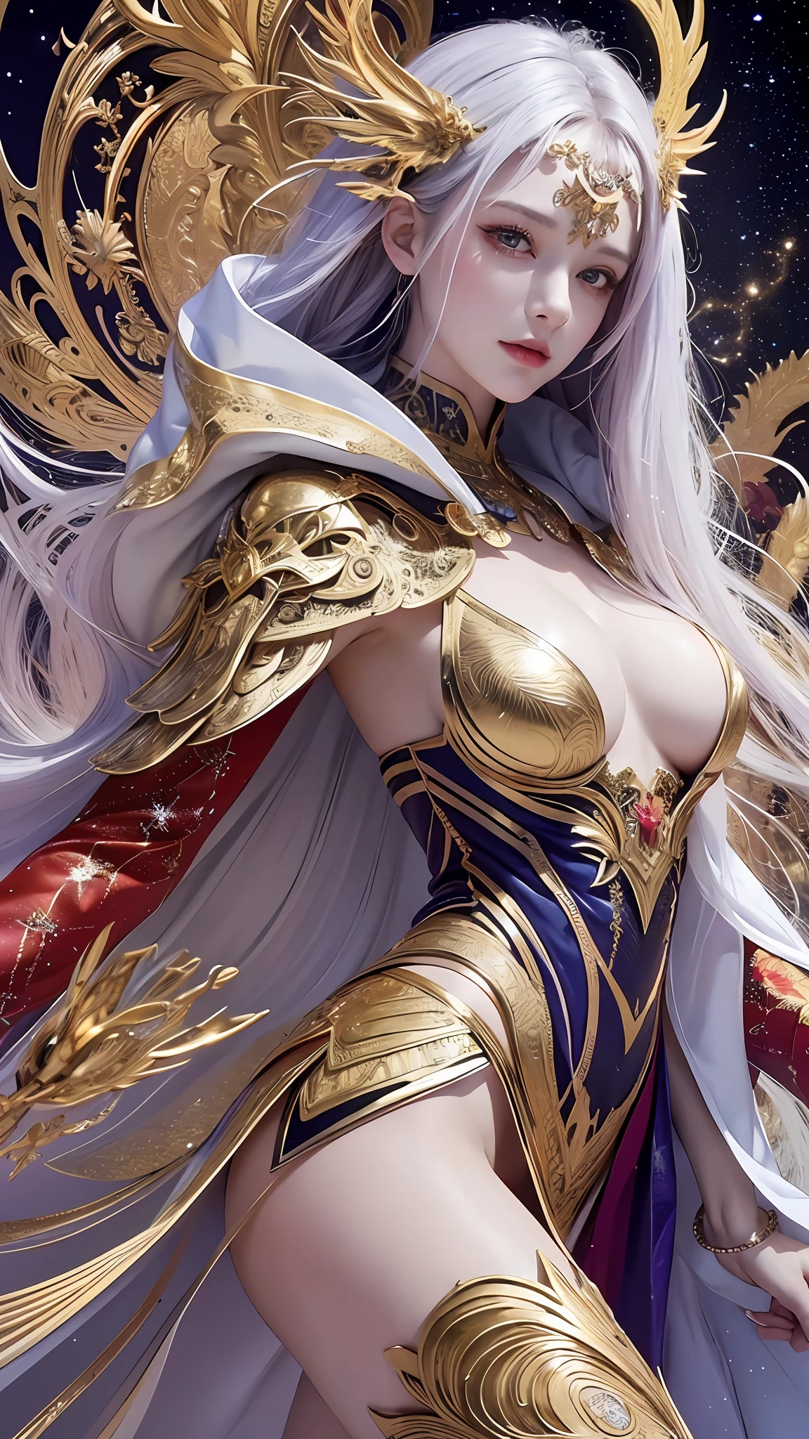 (masterpiece, top quality, best quality, official art, beautiful and aesthetic:1.2), (1girl), extreme detailed eyes, (fractal art:1.3), colorful, highest detailed, (perfect face), shiny skin, HDR, (white cloak golden lines:1.2), galaxy, (light streaks), striking visuals, (dynamic streaks, luminous trails:1.2), vibrant colors, (phoenix), (dragon)