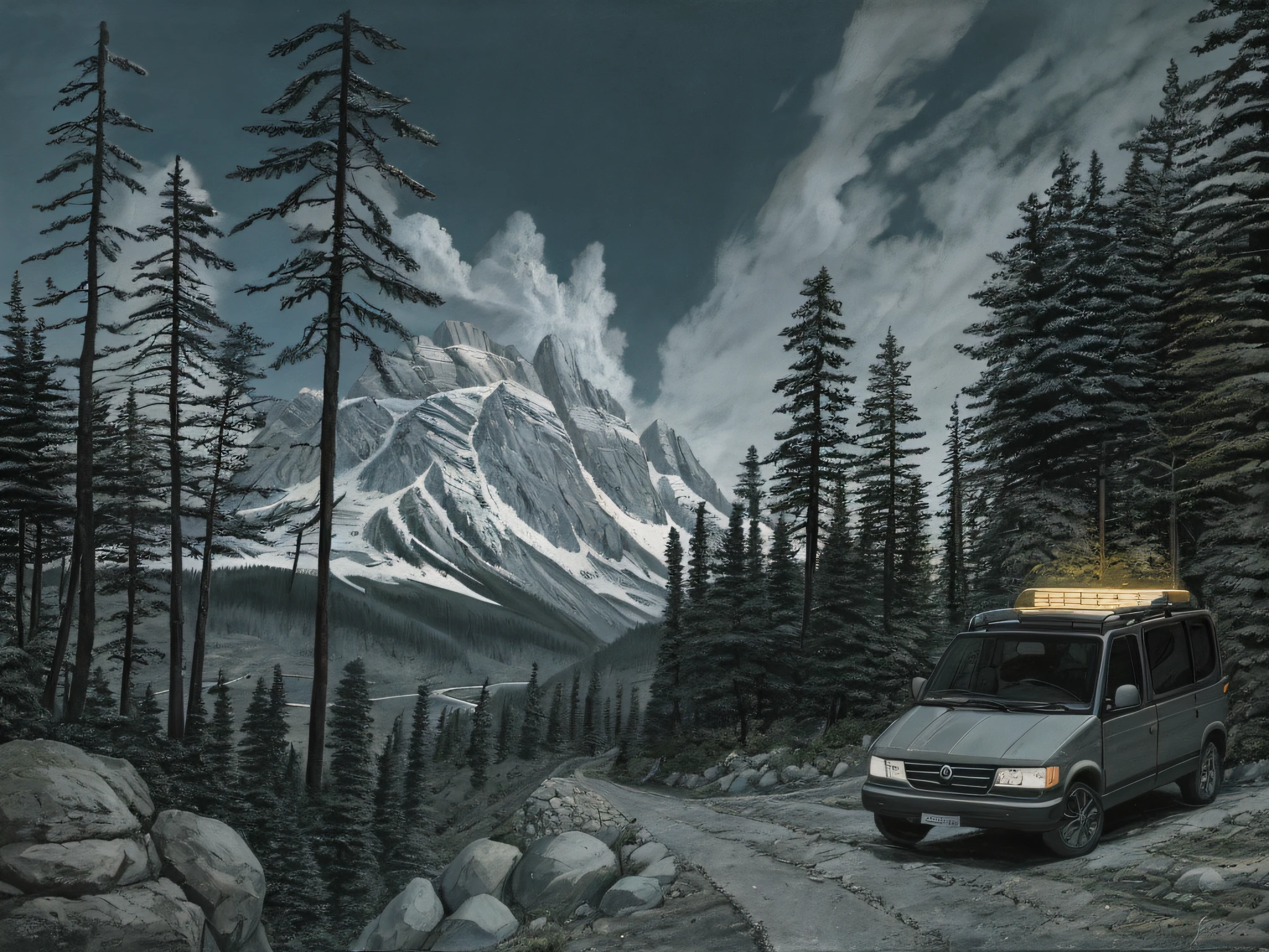 Sunset, car stopped on mountain road, drawn in Microsoft Paint, big rocks, stones, path, forest in background, fir, canada, mountain bottom, landscape illustration