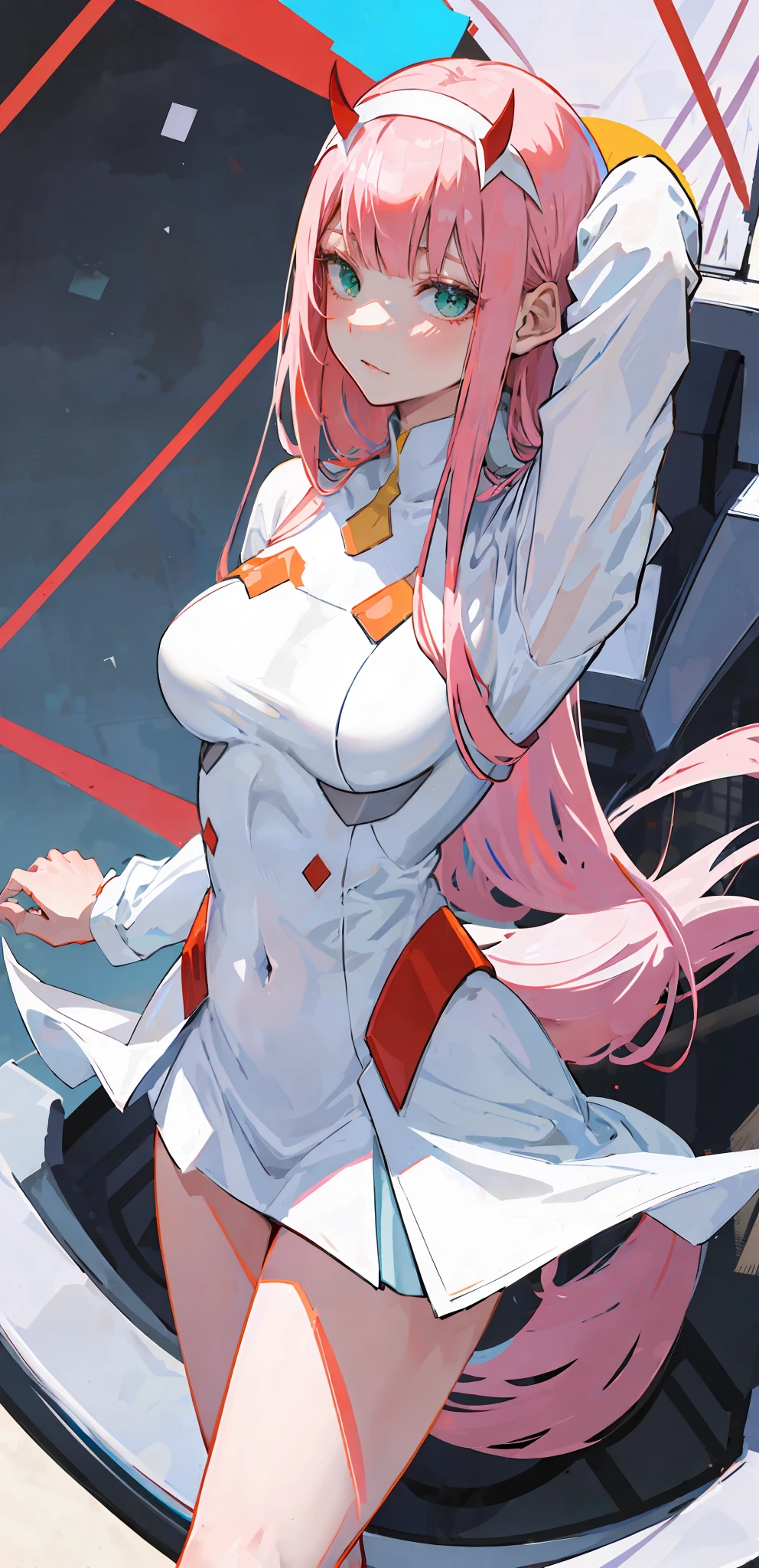 zero two \(darling in franxx\), darling in franxx, 1girl, bangs, bite, shadow, green eyes, hair behind head, horns, long hair, looking at viewer, big thighs, makeup, small breasts, pilot suit, white suit, pink hair, red eyeshadow, science fiction, tight skin, solo