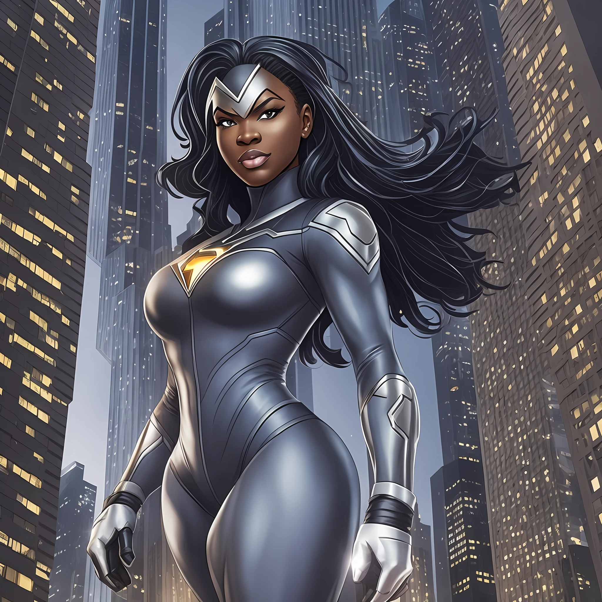 A black superheroine in a matte light gray uniform, on top of a building at night.