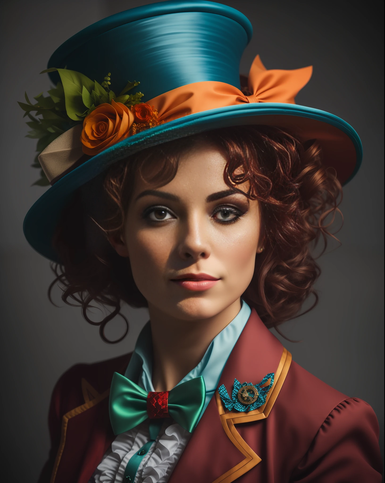 There is a woman with a hat and a bow tie, Female Mad Hatter, Circus Artist Portrait, The Madhatter, Portrait of Alice in Wonderland, Portrait of a Steampunk Ice Lady, The Rad Hatter, Colorful Portrait, Mad Hatter, Portrait 4K Color Photography, The Mad Hatter, Photography Portrait Photography, Editorial Portrait, Portrait Photography 4K, (High Definition Hair), (high definition body)
