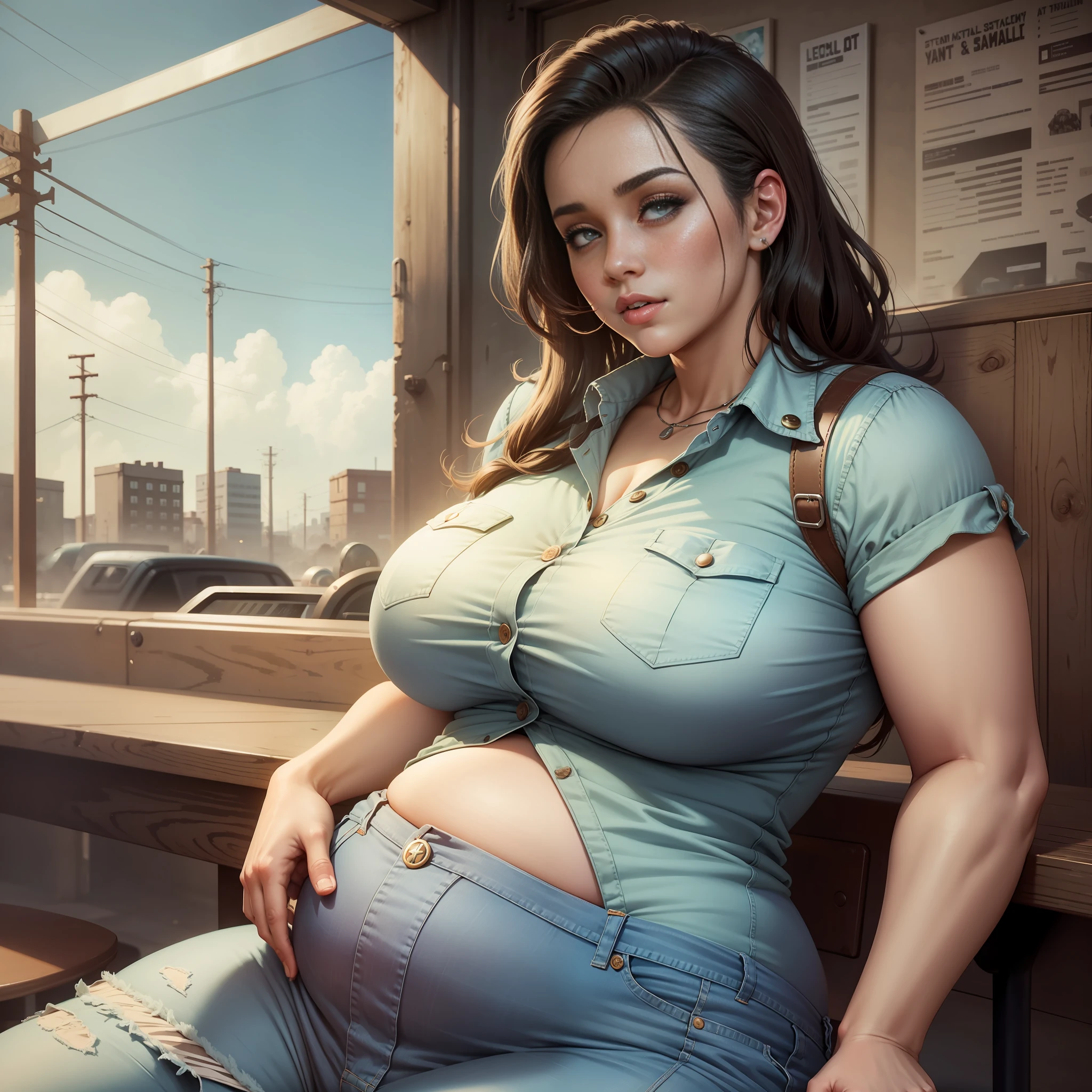 Fallout 4 style, beautiful curvy girl, realistic, big belly, she sitting on the restaurant, she wear stretched button down jeans, holding her belly,