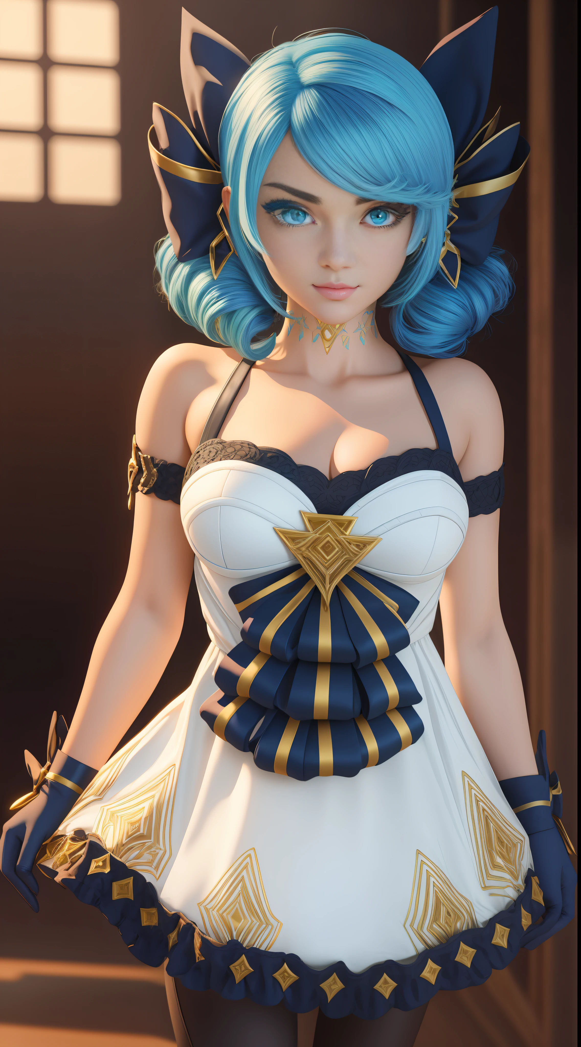 (medium head) render 3d, perfect face, Beautiful face, extremely detailed eyes, beautiful eyes, medium eyes, anime girl, sexy pose, solo, 1girl, short wavy hair, angry face, viewer look, smile, drill hair, gwen, blue hair, best quality, masterpiece, white dress, hair ornament, bow, crouch, gloves, black tights, legs, perfect lighting,