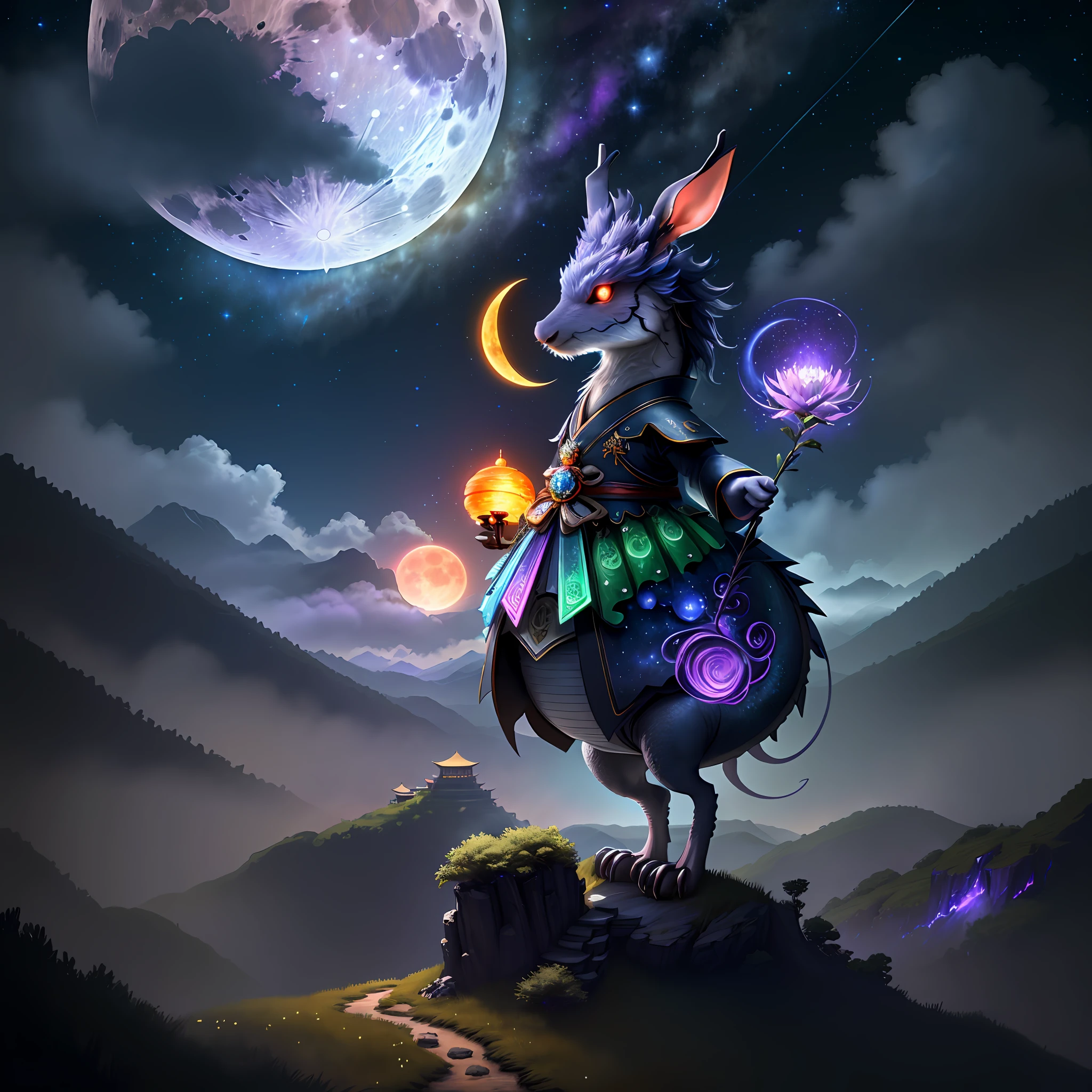 Vast landscape photos, (looking at the sky and the wilderness below), "A rabbit, magical, anthropomorphic, girl, angry expression, glowing eyes, Wanruo mask, Hanfu, background of ancient Chinese streets, night." Genshin Impact Impact, Best Quality, High Detail, High Quality, Ultra High Resolution, OC Rendering, 8K" Standing in a Flower Field and Looking Up, (Full Moon: 1.2), (Meteor: 0.9), (Nebula: 1.3), Far Away Mountains, Tree Breaking Making Art, (Warm Source: 1.2), (Firefly: 1.2), Lights, Purple and Orange, Intricate Details, Volumetric Lighting BREAK (Masterpiece: 1.2), (Highest Quality), 4K, Ultra Detailed, (Dynamic configuration: 1.4), Highly detailed and colorful details (rainbow color: 1.2), (Sparkling lighting, atmospheric lighting), Dreamy, magical, (Solo: 1.2), (Ying Dragon God), (Through the clouds), (Top of the mountains), (Complex), (Super Detail), (Starry Sky Background), (Stout Limbs), (Moon Night), (Ultra Clear), (Best Quality),