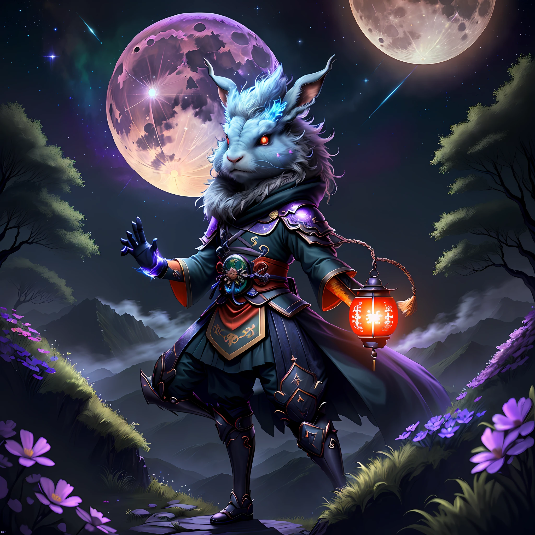 Vast landscape photos, (looking at the sky and the wilderness below), "A rabbit, magical, anthropomorphic, girl, angry expression, glowing eyes, Wanruo mask, Hanfu, background of ancient Chinese streets, night." Genshin Impact Impact, Best Quality, High Detail, High Quality, Ultra High Resolution, OC Rendering, 8K" Standing in a Flower Field and Looking Up, (Full Moon: 1.2), (Meteor: 0.9), (Nebula: 1.3), Far Away Mountains, Tree Breaking Making Art, (Warm Source: 1.2), (Firefly: 1.2), Lights, Purple and Orange, Intricate Details, Volumetric Lighting BREAK (Masterpiece: 1.2), (Highest Quality), 4K, Ultra Detailed, (Dynamic configuration: 1.4), Highly detailed and colorful details (rainbow color: 1.2), (Sparkling lighting, atmospheric lighting), Dreamy, magical, (Solo: 1.2), (Ying Dragon God), (Through the clouds), (Top of the mountains), (Complex), (Super Detail), (Starry Sky Background), (Stout Limbs), (Moon Night), (Ultra Clear), (Best Quality),