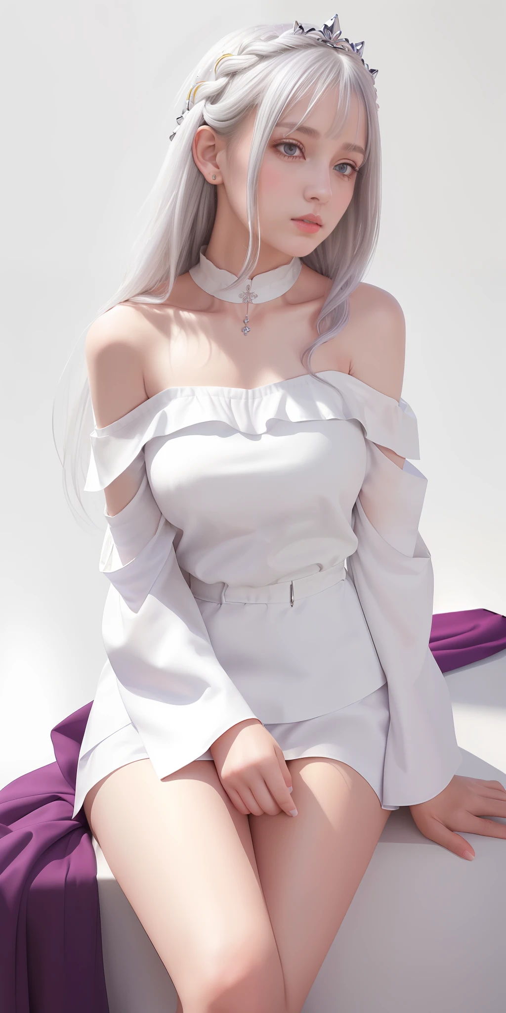 best quality,highly detailed,masterpiece,ultra-detailed,(realistic:1.2), 1girl,(white background),simple background,Delicate eyes,silver hair, purple eyes,hair_ornament,(white off-shoulder shirt:1.3),long hair,pointy_ears,crown_braid,expressionless,Straight hair,(++sitting:1.2), large breasts,