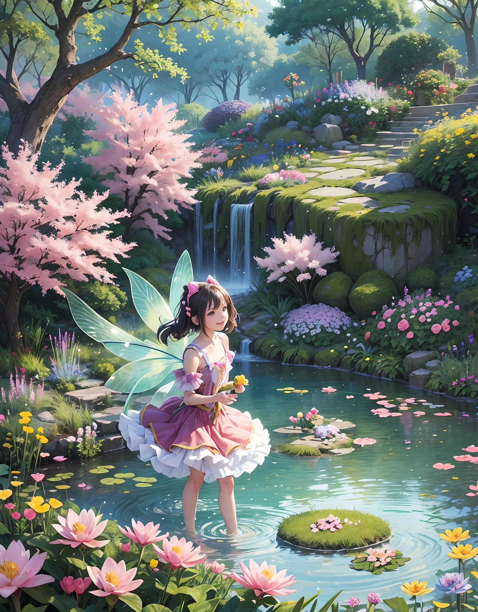 Kame-chan walked into the garden pond excitedly. Colorful flowers were blooming there, and a sweet aroma was in the air. The pink, blue, and yellow flowers welcomed Kame and seemed to be smiling.
In the garden pond also lived many five little fairies. As Kame-chan approached, the fairies began to dance. They had sparkling feathers and greeted Kame-chan with a cute smile.
"Welcome, Kame-chan, enjoy your adventure to the garden pond," the fairies sang as they ushered her around. Kame-chan explored the garden with the fairies and learned the names of the flowers and the secrets of the fairies.
The garden was filled with fun and mysterious magic, and Kame-chan was filled with the beauty of nature and the kindness of the fairies. What awaits in the garden from now on, Kame-chan's adventure will continue.