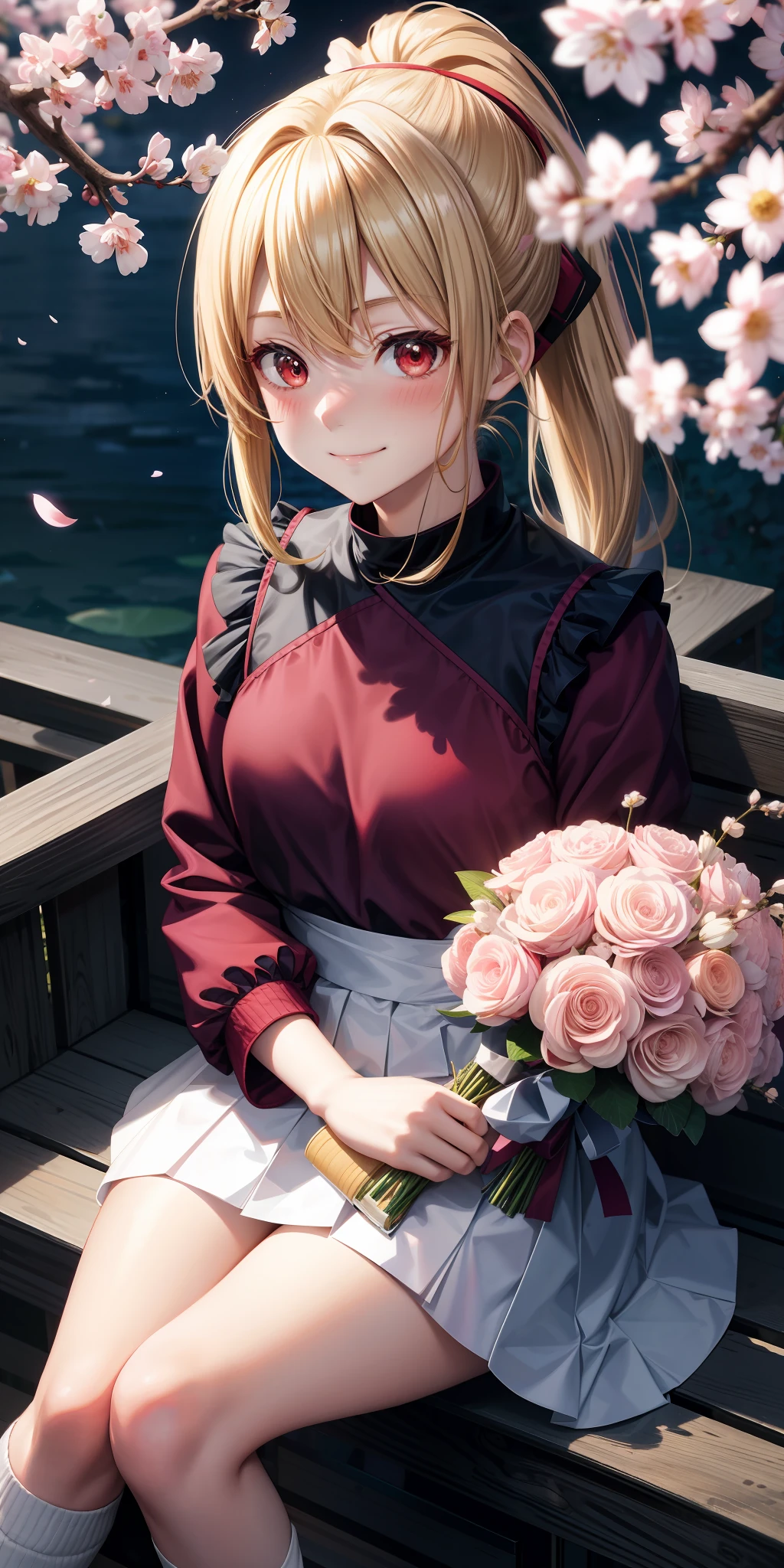 anime, girl alone, blonde, ponytail on the side, red eyes, fluffy clothes, sitting, upward-eyed, blushing, smiling, bouquet in hand, cherry blossom on background