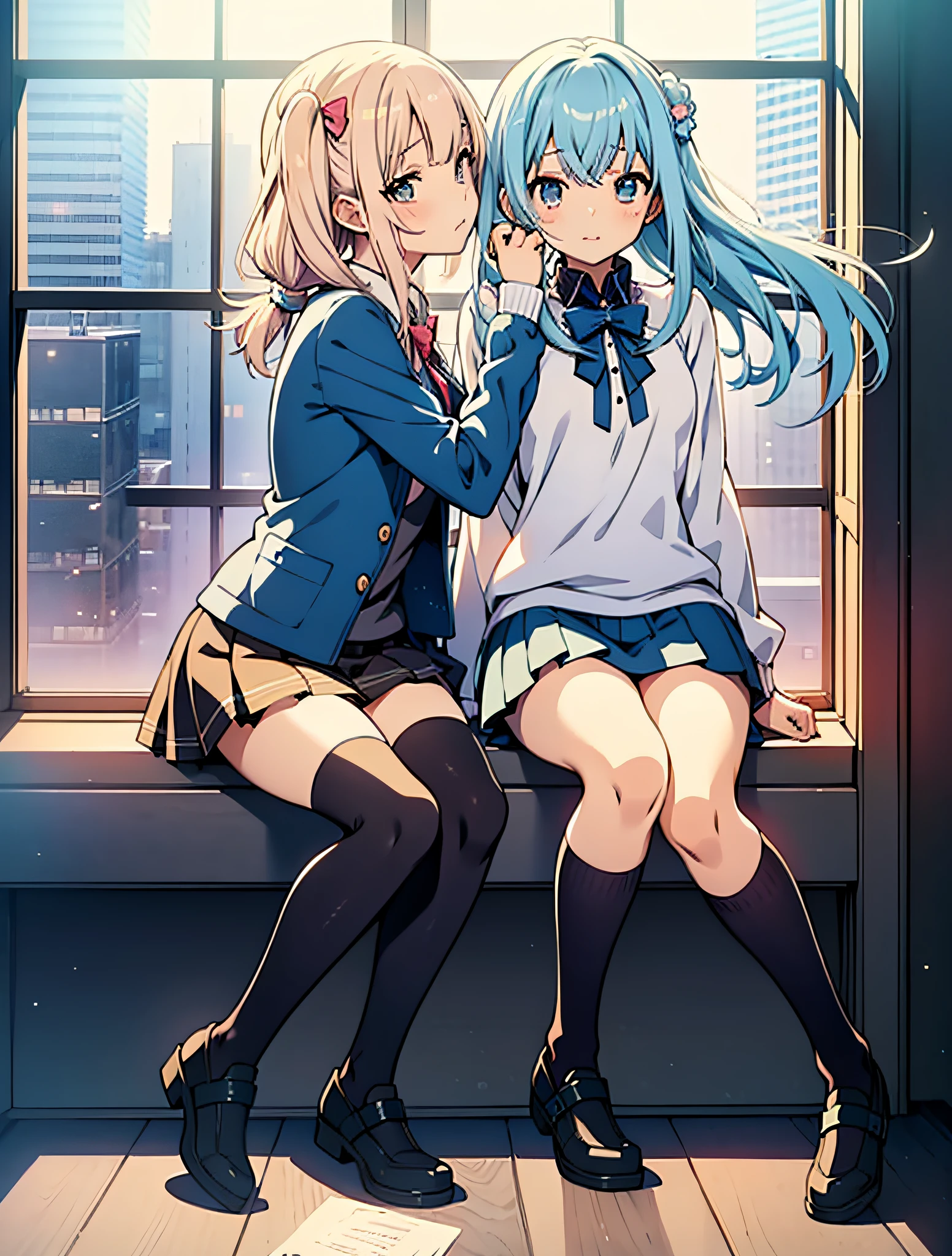 Anime image of two girls sitting on a window sill, anime girls, ecchi anime style, two beautiful anime girls, ecchi style, anime moe art style, two girls, , by Kama Gurukha, Zero Chan art, in anime style, twin tails, casual posing, Zero-chan, beautiful anime schoolgirl