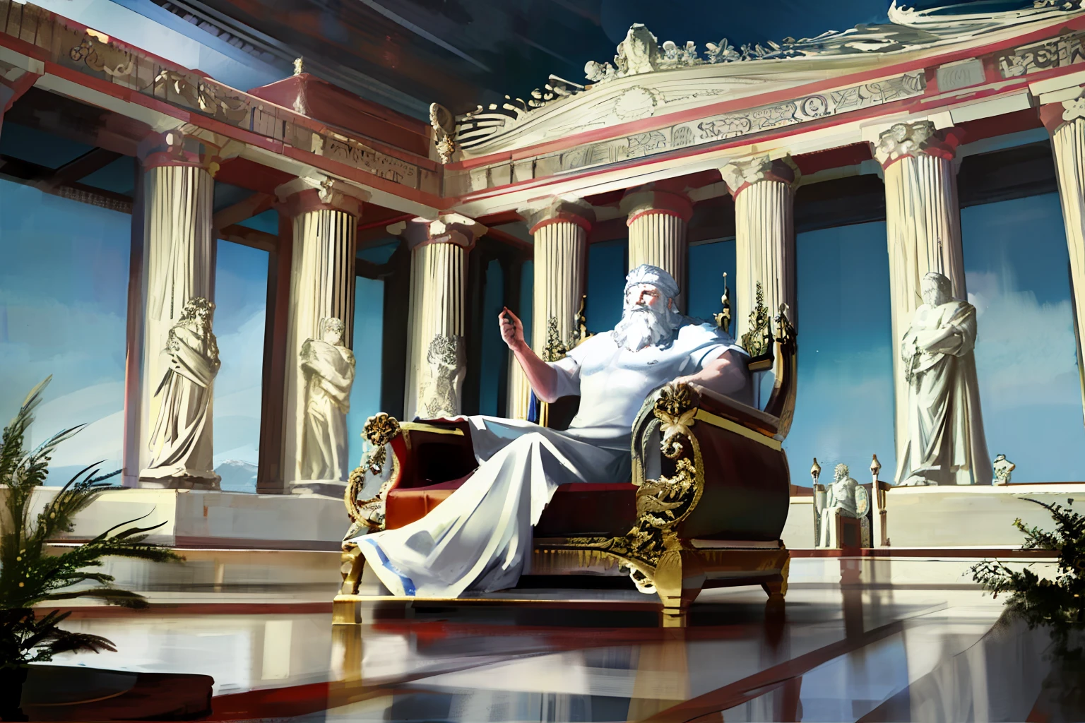 Create a human like picture of the god Zeus, sitting on his regal throne, in his palace