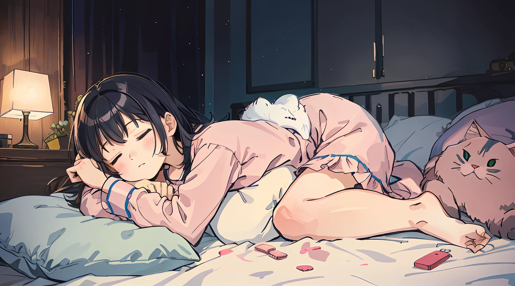 Elementary school girl in pajamas sleeping with cat in bed at night